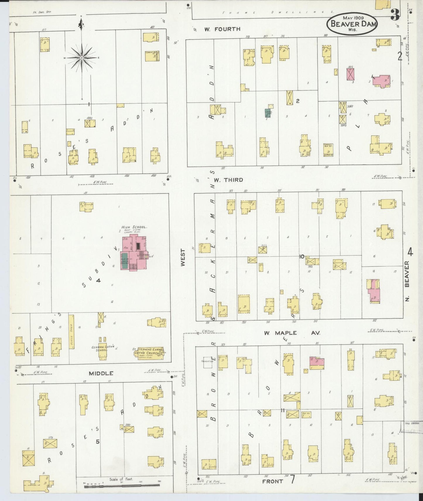 Sanborn Fire Insurance Map from Beaver Dam, Dodge County, Wisconsin (1909), Sheet #0003 - Complete Map Set gallery image, historic Sanborn map, vintage wall art, Wisconsin Wisconsin