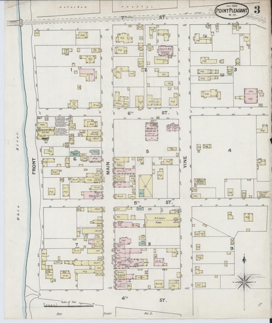 Sanborn Fire Insurance Map from Point Pleasant, Mason County, West Virginia (1889), Sheet #0003 - Historic Sanborn Fire Insurance Map Print, vintage old map wall art, antique decor, genealogy gift, West Virginia West Virginia map