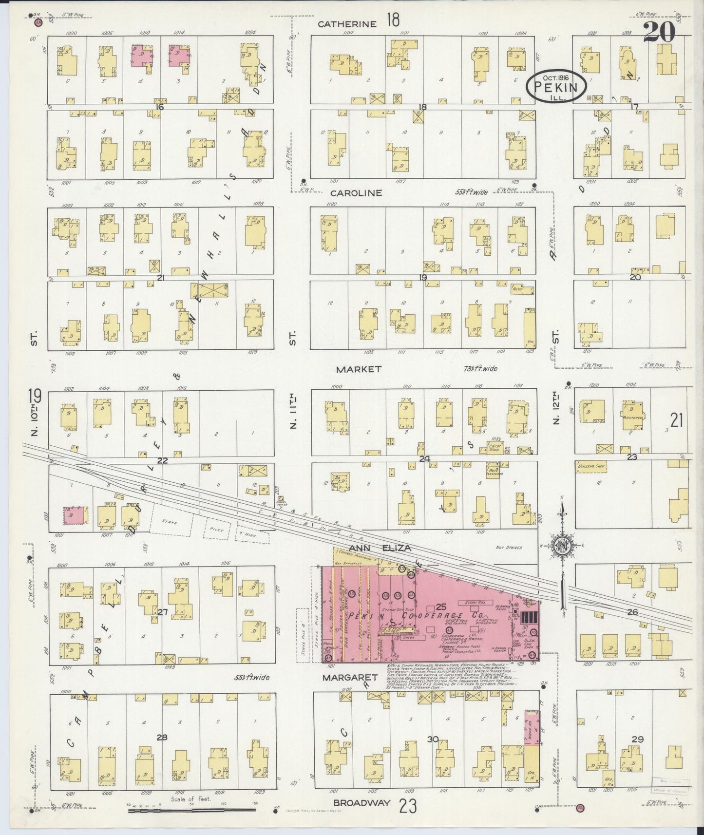 Sanborn Fire Insurance Map from Pekin, Tazewell County, Illinois (1916), Sheet #0020 - Historic Sanborn Fire Insurance Map Print, vintage old map wall art, antique decor, genealogy gift, Illinois Illinois map