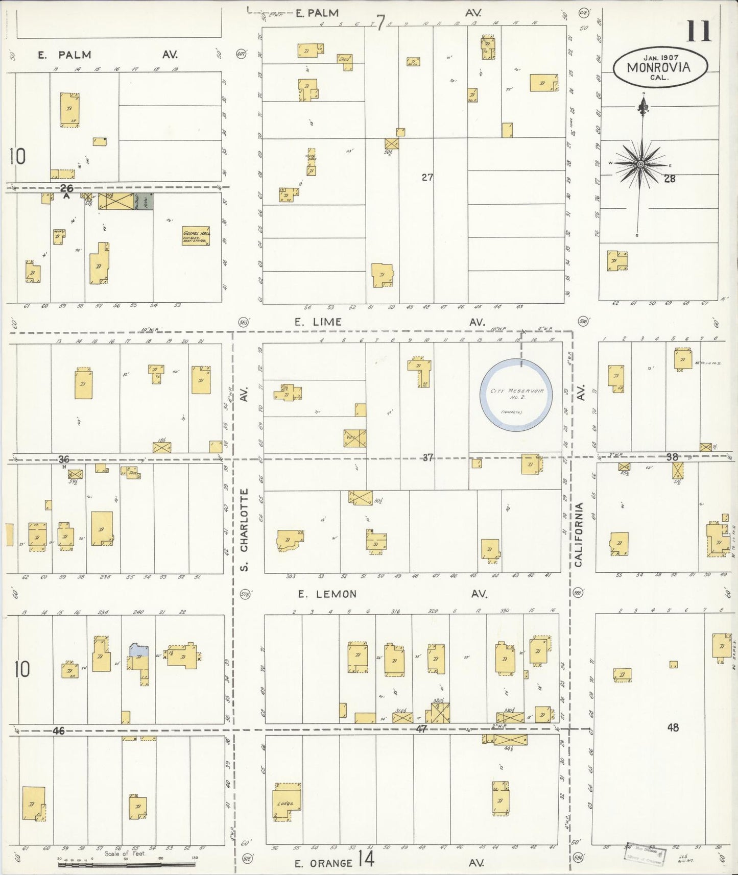 Sanborn Fire Insurance Map from Monrovia, Los Angeles County, California (1907), Sheet #0011 - Complete Map Set gallery image, historic Sanborn map, vintage wall art, California California