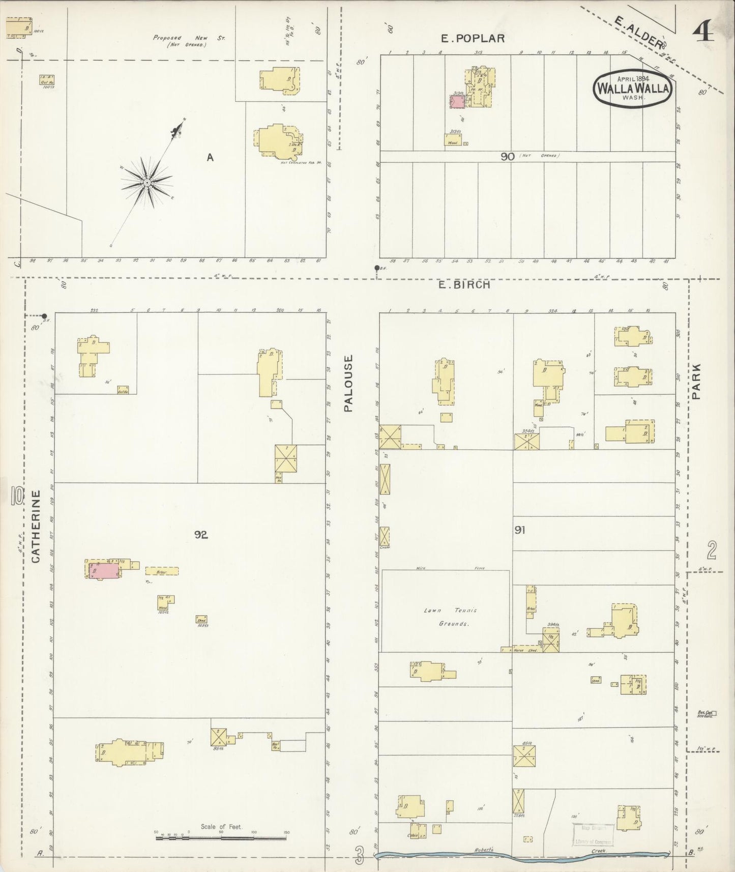 Sanborn Fire Insurance Map from Walla Walla, Walla Walla County, Washington (1894), Sheet #0004 - Historic Sanborn Fire Insurance Map Print, vintage old map wall art, antique decor, genealogy gift, Washington Washington map