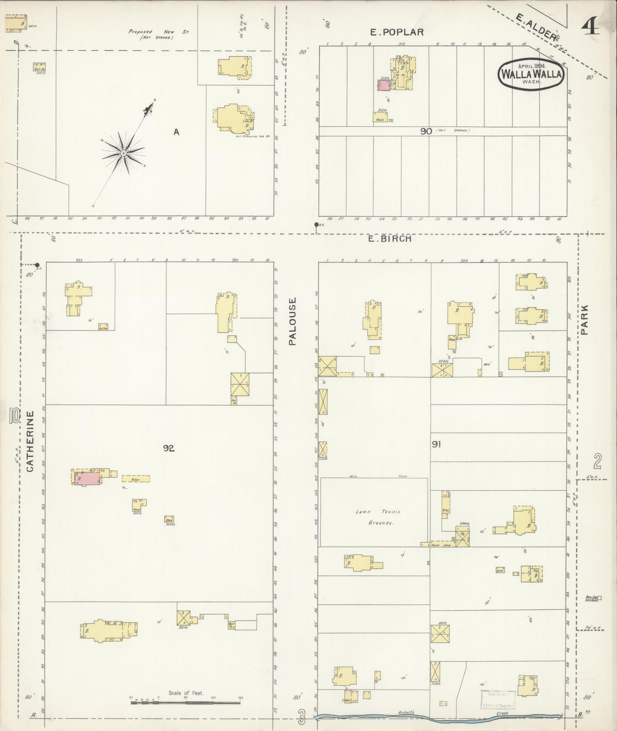 Sanborn Fire Insurance Map from Walla Walla, Walla Walla County, Washington (1894), Sheet #0004 - Historic Sanborn Fire Insurance Map Print, vintage old map wall art, antique decor, genealogy gift, Washington Washington map
