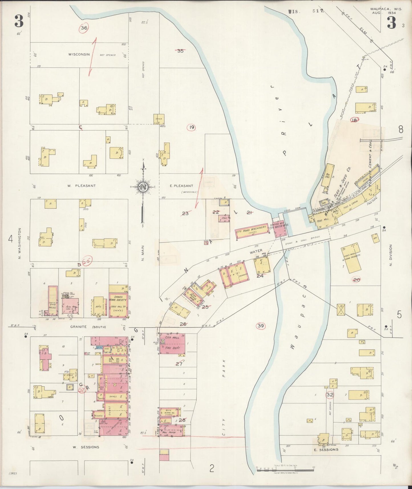Sanborn Fire Insurance Map from Waupaca, Waupaca County, Wisconsin (1941), Sheet #0003 - Historic Sanborn Fire Insurance Map Print, vintage old map wall art, antique decor, genealogy gift, Wisconsin Wisconsin map