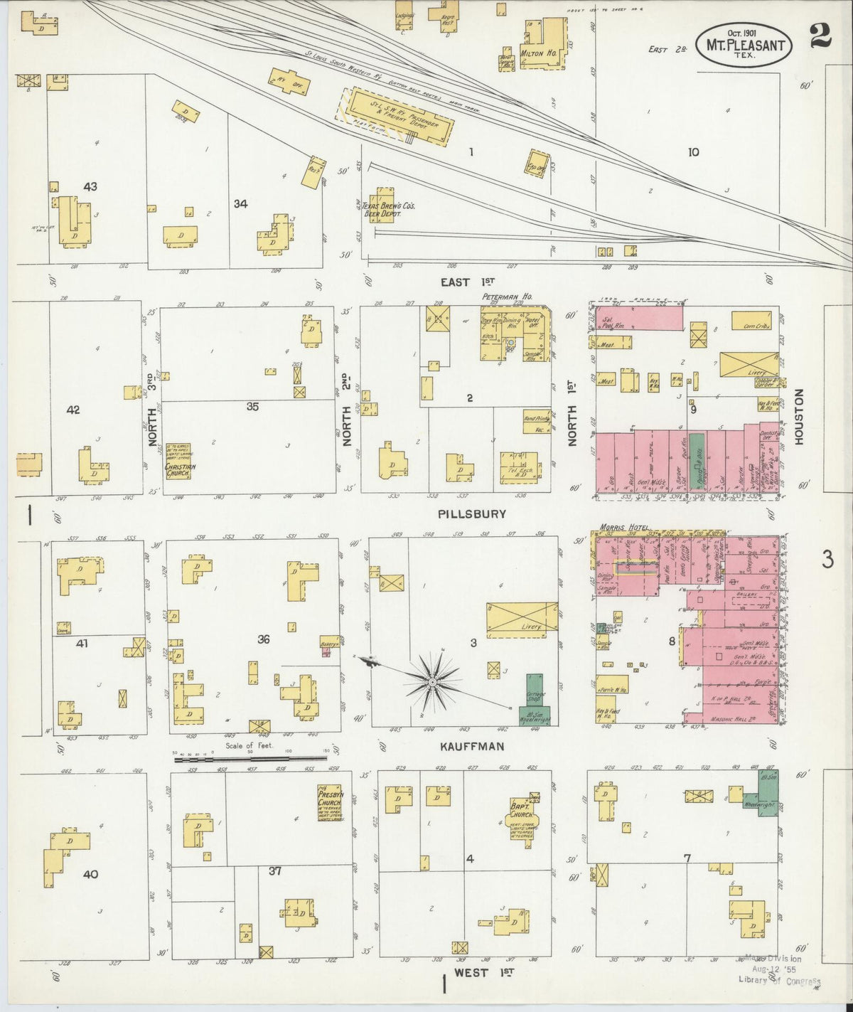 Sanborn Fire Insurance Map from Mount Pleasant, Titus County, Texas (1901), Sheet #0002 - Complete Map Set gallery image, historic Sanborn map, vintage wall art, Texas Texas
