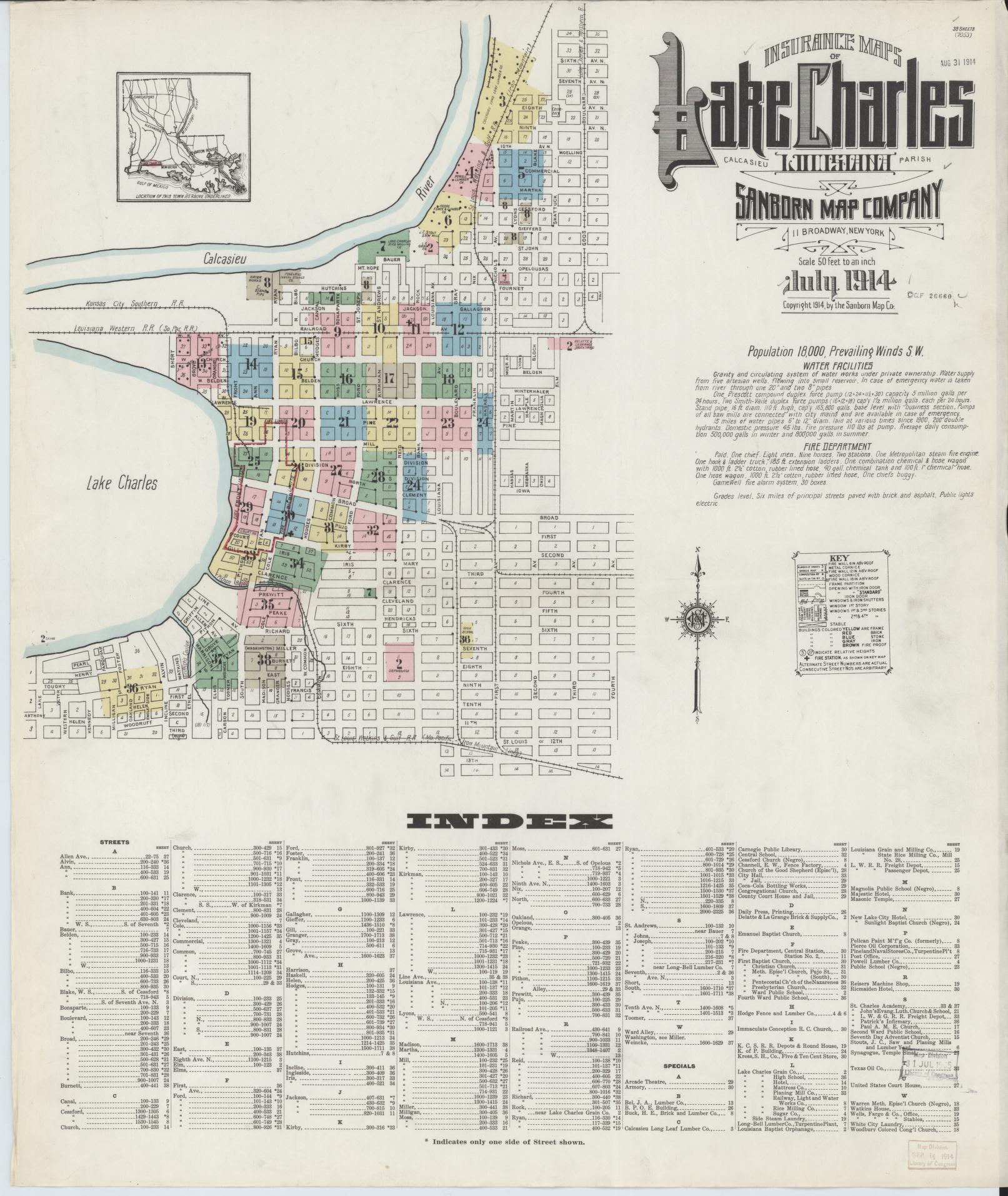 Sanborn Fire Insurance Map from Lake Charles, Calcasieu Parish, Louisiana (1914), Sheet #0001 - Historic Sanborn Fire Insurance Map Print, vintage old map wall art, antique decor, genealogy gift, Louisiana Louisiana map