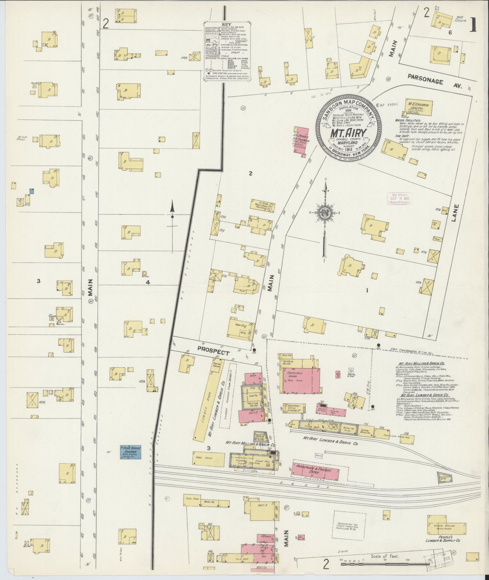 Sanborn Fire Insurance Map from Mount Airy, Carroll County, Maryland (1911), Sheet #0001 - Complete Map Set gallery image, historic Sanborn map, vintage wall art, Maryland Maryland