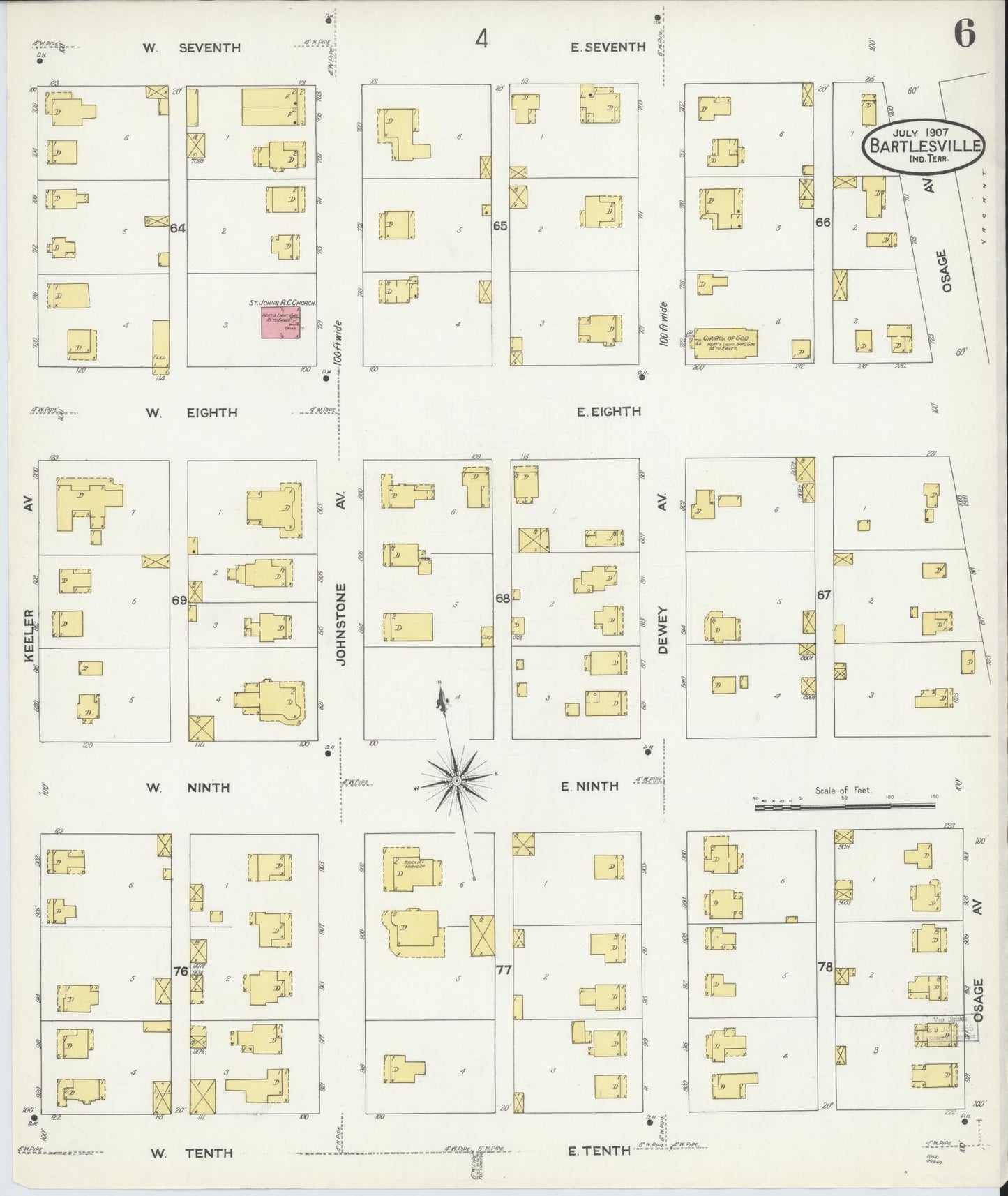Sanborn Fire Insurance Map from Bartlesville, Washington County, Oklahoma (1907), Sheet #0006 - Historic Sanborn Fire Insurance Map Print, vintage old map wall art, antique decor, genealogy gift, Oklahoma Oklahoma map