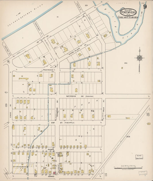 Sanborn Fire Insurance Map from Fort Myers, Lee County, Florida (1922), Sheet #0009 - Historic Sanborn Fire Insurance Map Print, vintage old map wall art, antique decor, genealogy gift, Florida Florida map