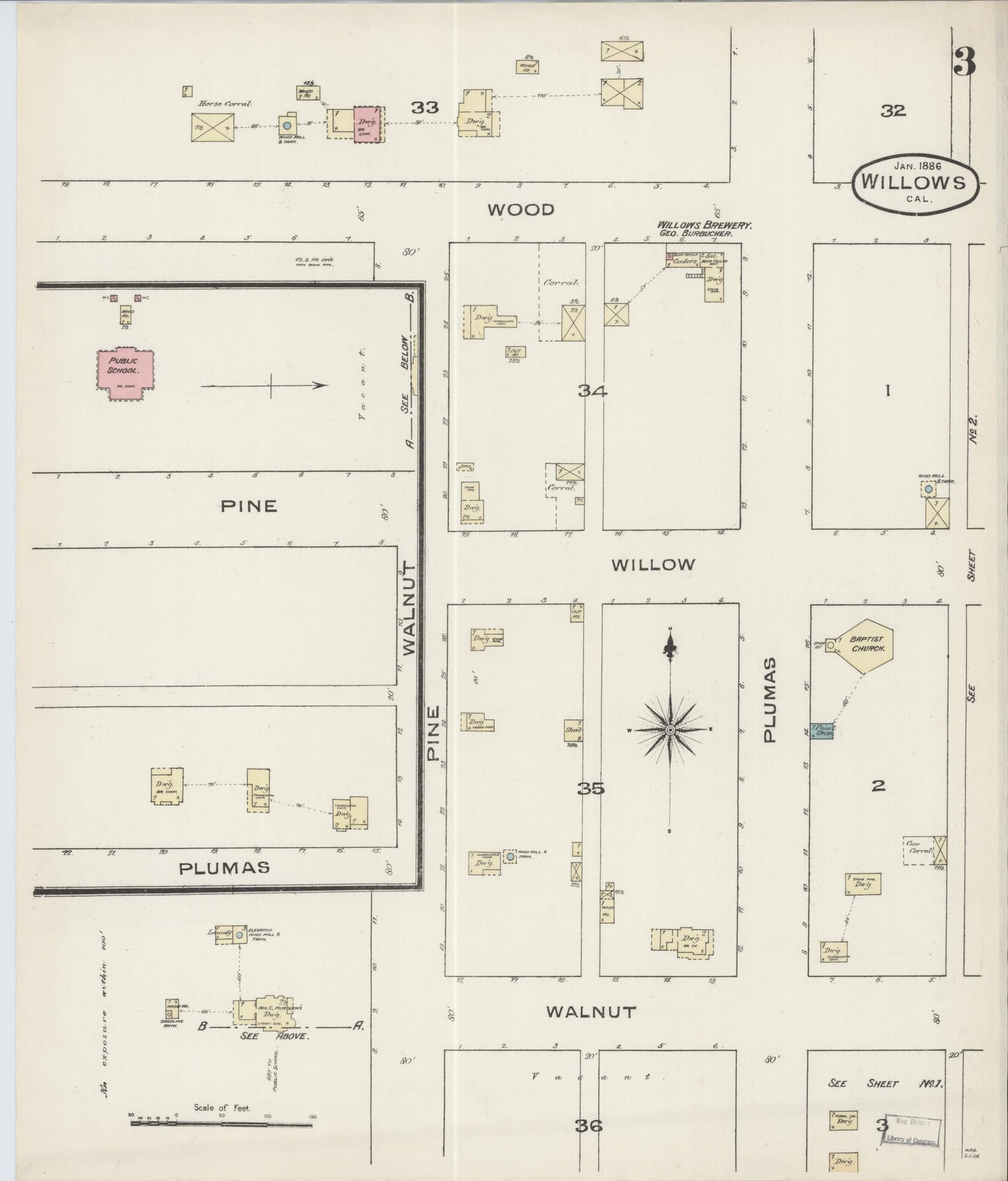Sanborn Fire Insurance Map from Willows, Glenn County, California (1886), Sheet #0003 - Complete Map Set gallery image, historic Sanborn map, vintage wall art, California California