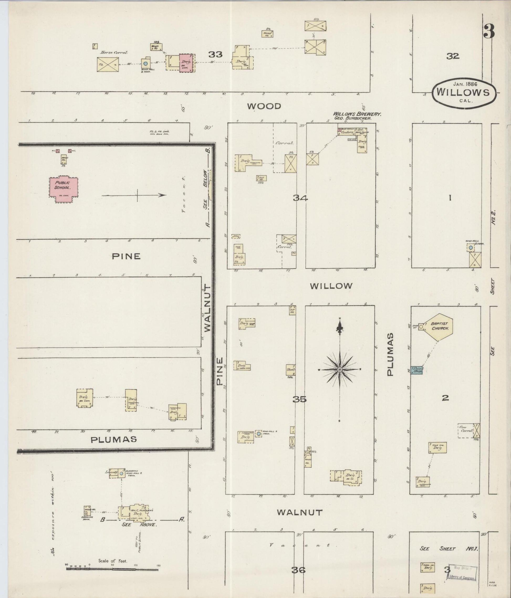 Sanborn Fire Insurance Map from Willows, Glenn County, California (1886), Sheet #0003 - Complete Map Set gallery image, historic Sanborn map, vintage wall art, California California