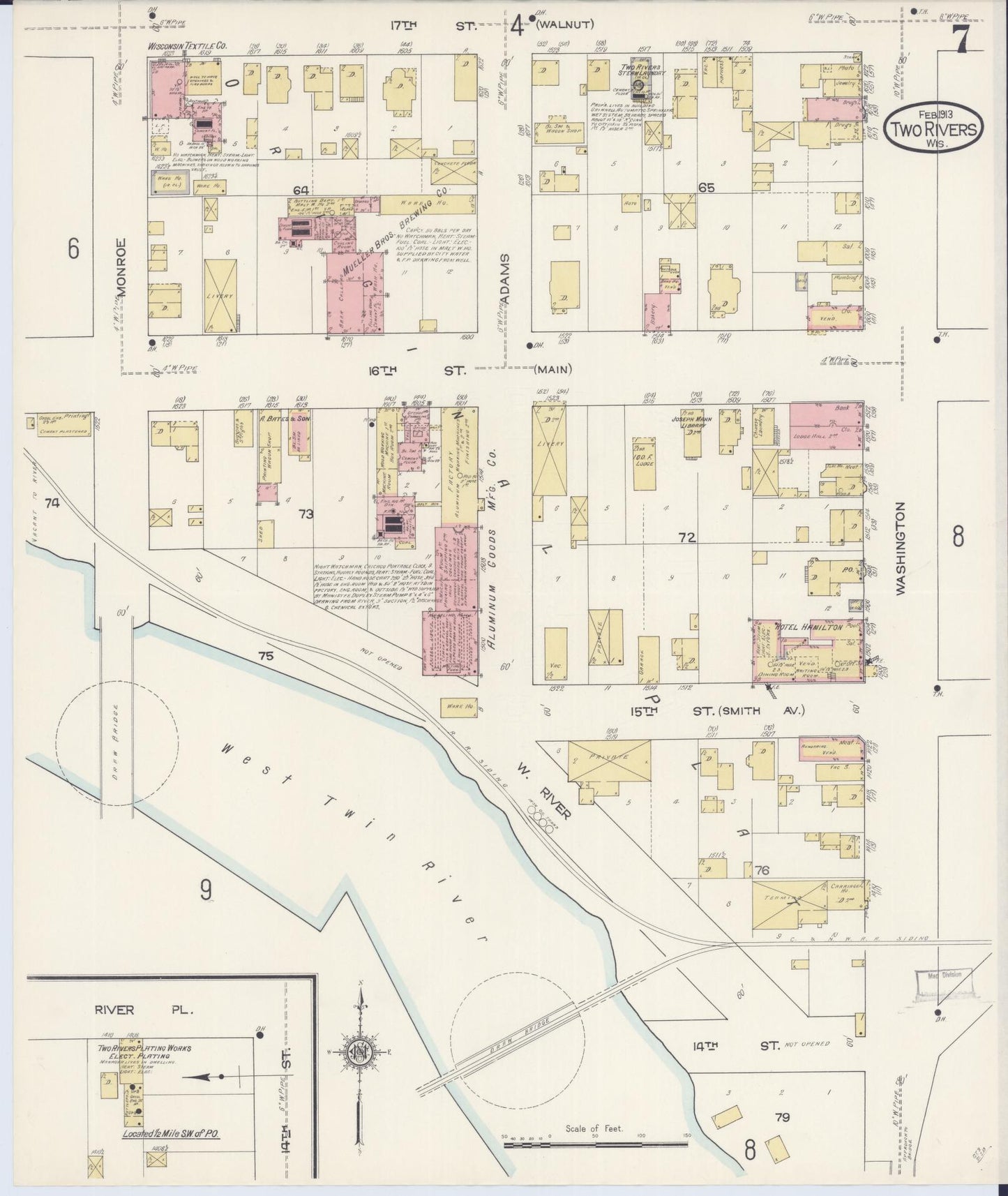 Sanborn Fire Insurance Map from Two Rivers, Manitowoc County, Wisconsin (1913), Sheet #0007 - Complete Map Set gallery image, historic Sanborn map, vintage wall art, Wisconsin Wisconsin