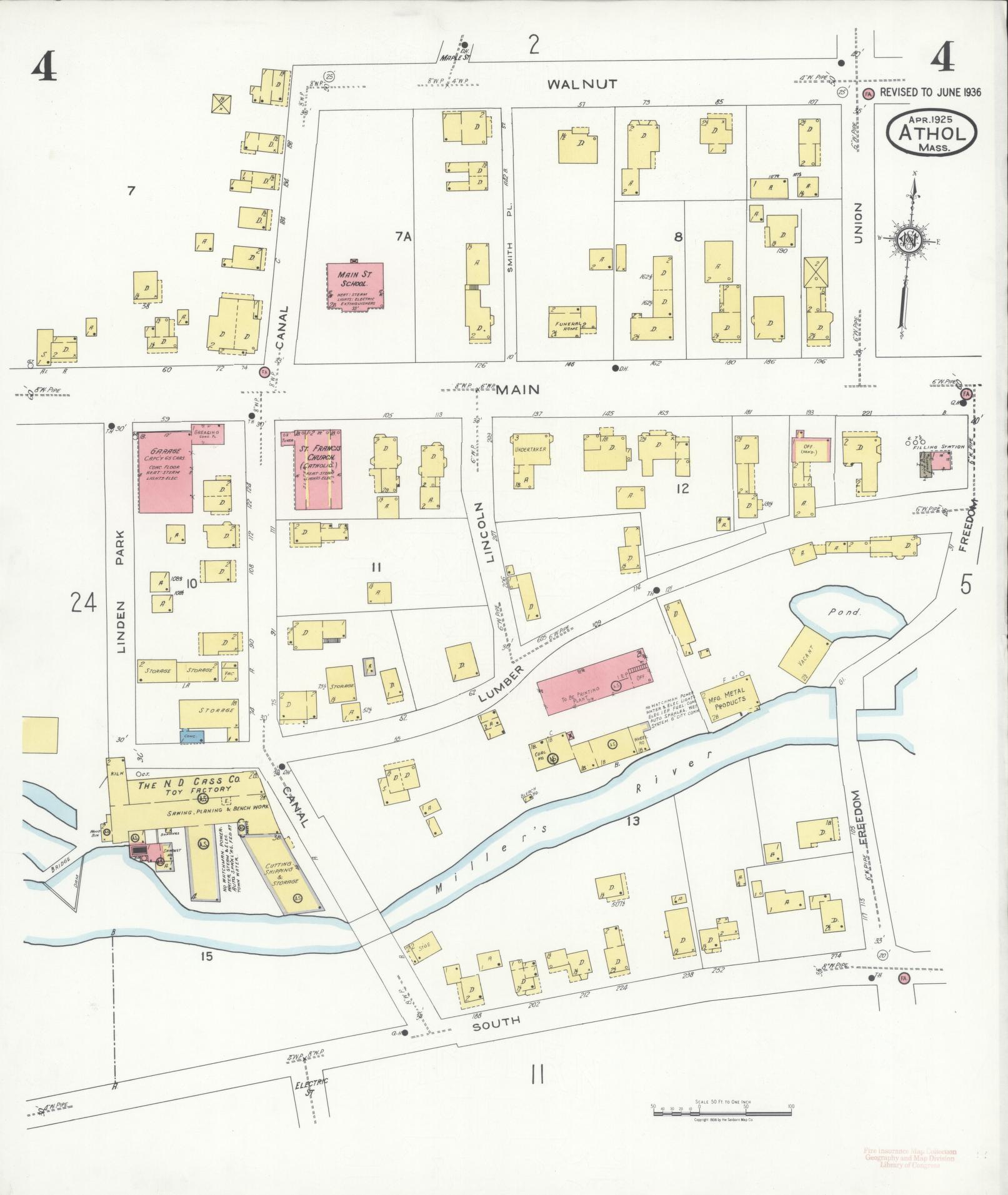 Sanborn Fire Insurance Map from Athol, Worcester County, Massachusetts (1936), Sheet #0004 - Complete Map Set gallery image, historic Sanborn map, vintage wall art, Massachusetts Massachusetts