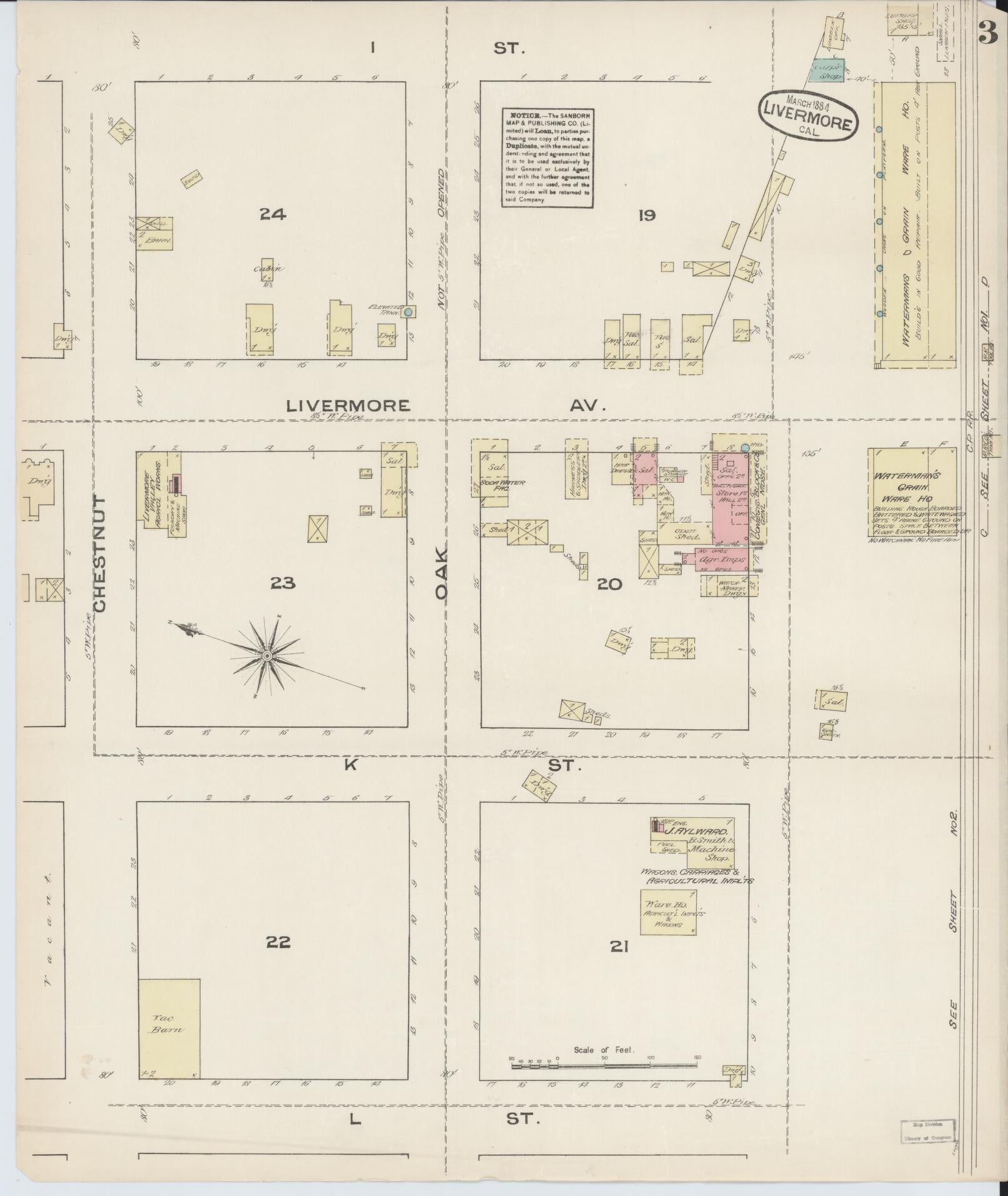 Sanborn Fire Insurance Map from Livermore, Alameda County, California (1884), Sheet #0003 - Historic Sanborn Fire Insurance Map Print, vintage old map wall art, antique decor, genealogy gift, California California map