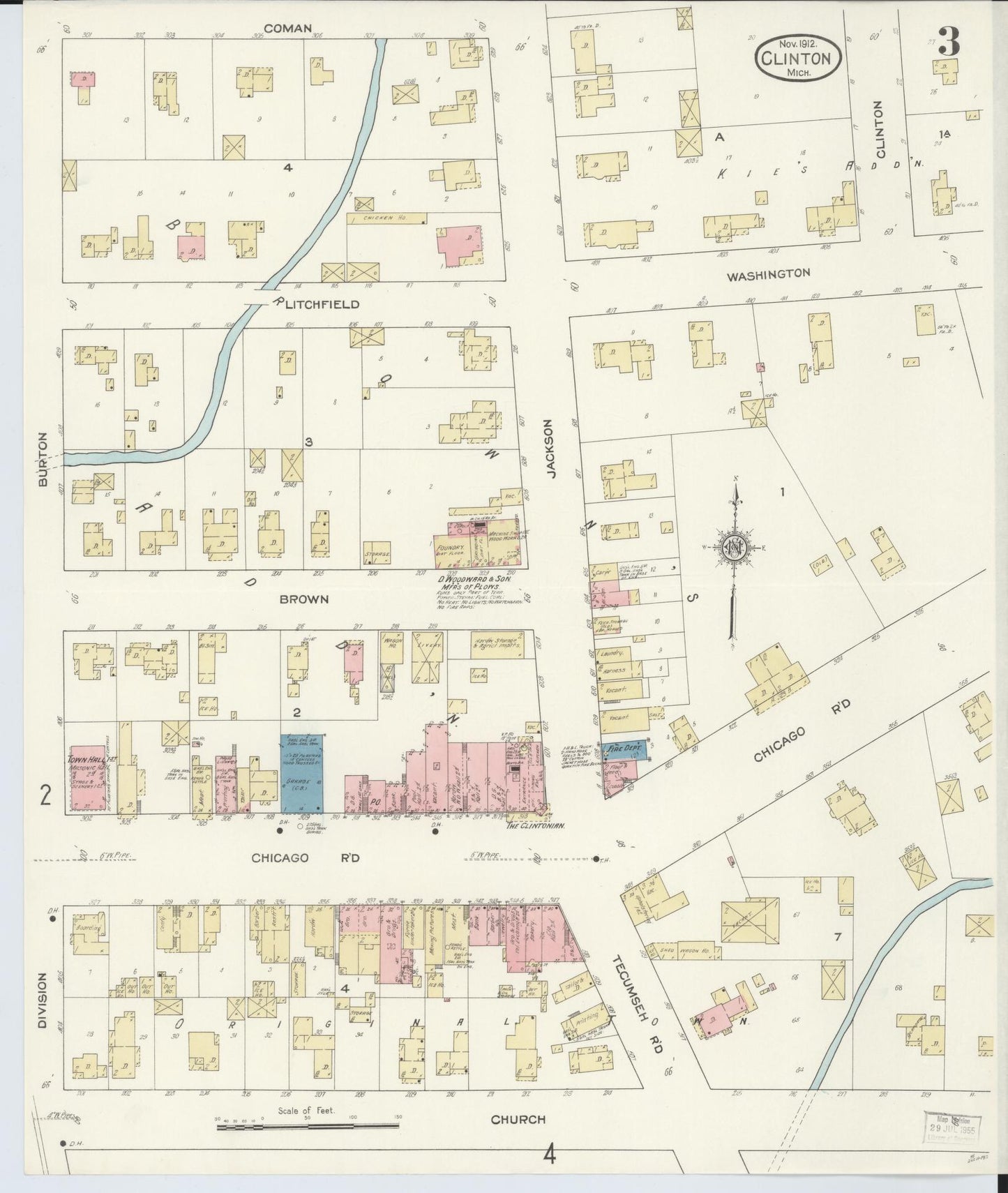 Sanborn Fire Insurance Map from Clinton, Lenawee County, Michigan (1912), Sheet #0003 - Historic Sanborn Fire Insurance Map Print, vintage old map wall art, antique decor, genealogy gift, Michigan Michigan map