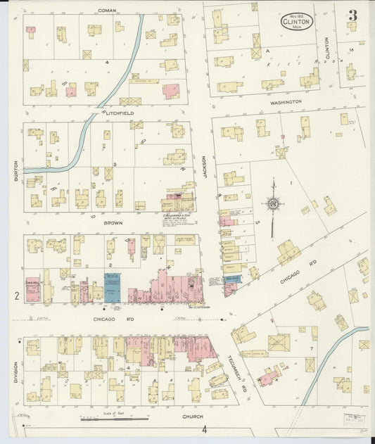 Sanborn Fire Insurance Map from Clinton, Lenawee County, Michigan (1912), Sheet #0003 - Historic Sanborn Fire Insurance Map Print, vintage old map wall art, antique decor, genealogy gift, Michigan Michigan map