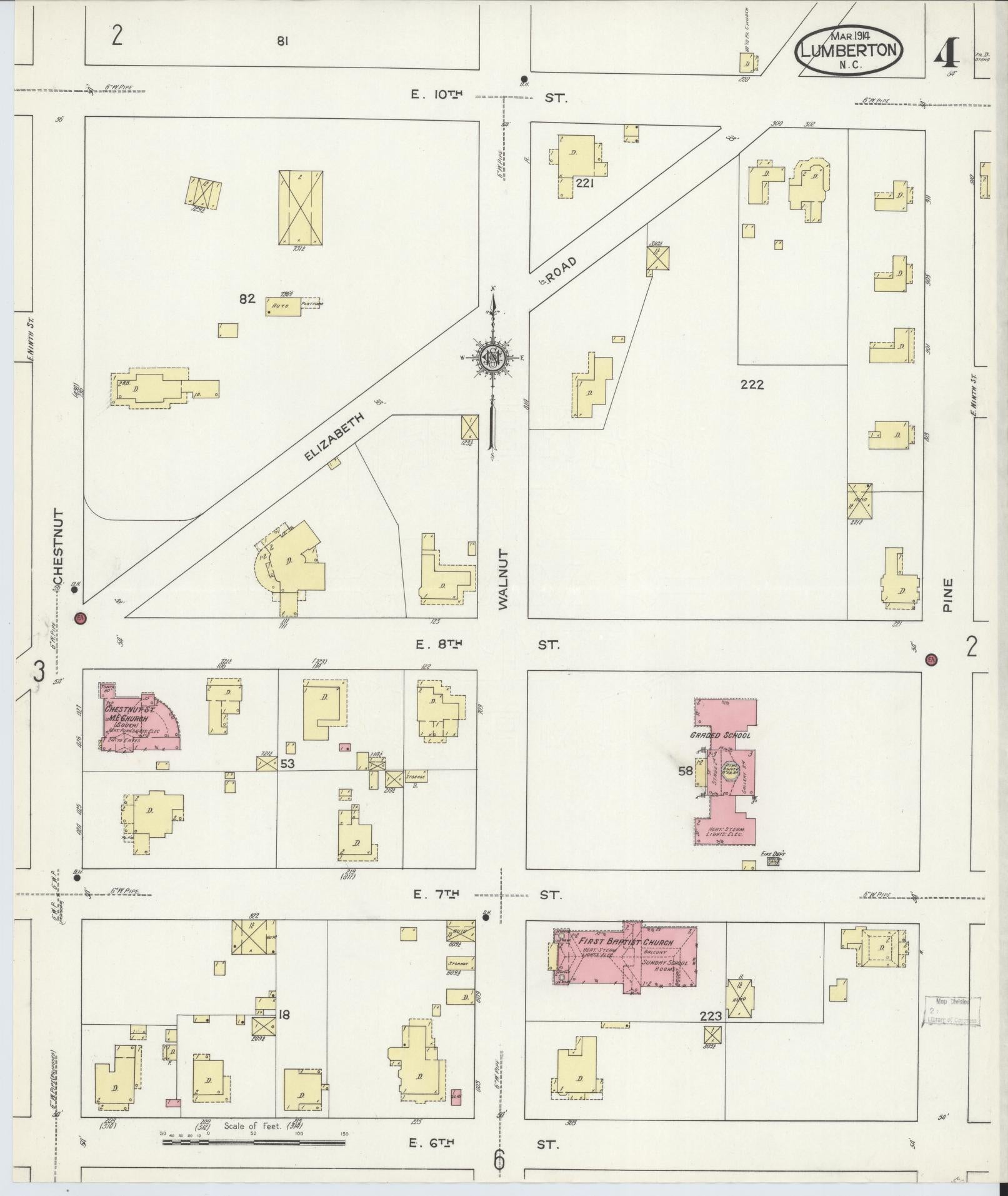 Sanborn Fire Insurance Map from Lumberton, Robeson County, North Carolina (1914), Sheet #0004 - Complete Map Set gallery image, historic Sanborn map, vintage wall art, North Carolina North Carolina