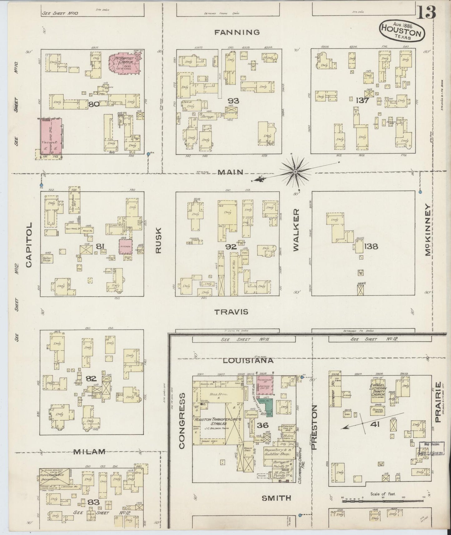 Sanborn Fire Insurance Map from Houston, Harris County, Texas (1885), Sheet #0013 - Historic Sanborn Fire Insurance Map Print, vintage old map wall art, antique decor, genealogy gift, Texas Texas map