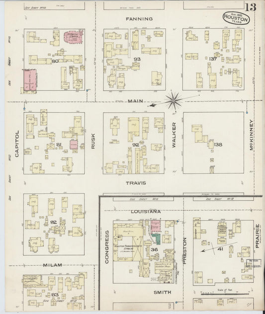 Sanborn Fire Insurance Map from Houston, Harris County, Texas (1885), Sheet #0013 - Historic Sanborn Fire Insurance Map Print, vintage old map wall art, antique decor, genealogy gift, Texas Texas map