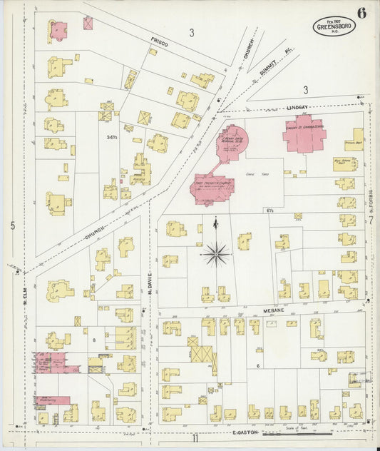Sanborn Fire Insurance Map from Greensboro, Guilford County, North Carolina (1907), Sheet #0006 - Historic Sanborn Fire Insurance Map Print, vintage old map wall art, antique decor, genealogy gift, North Carolina North Carolina map