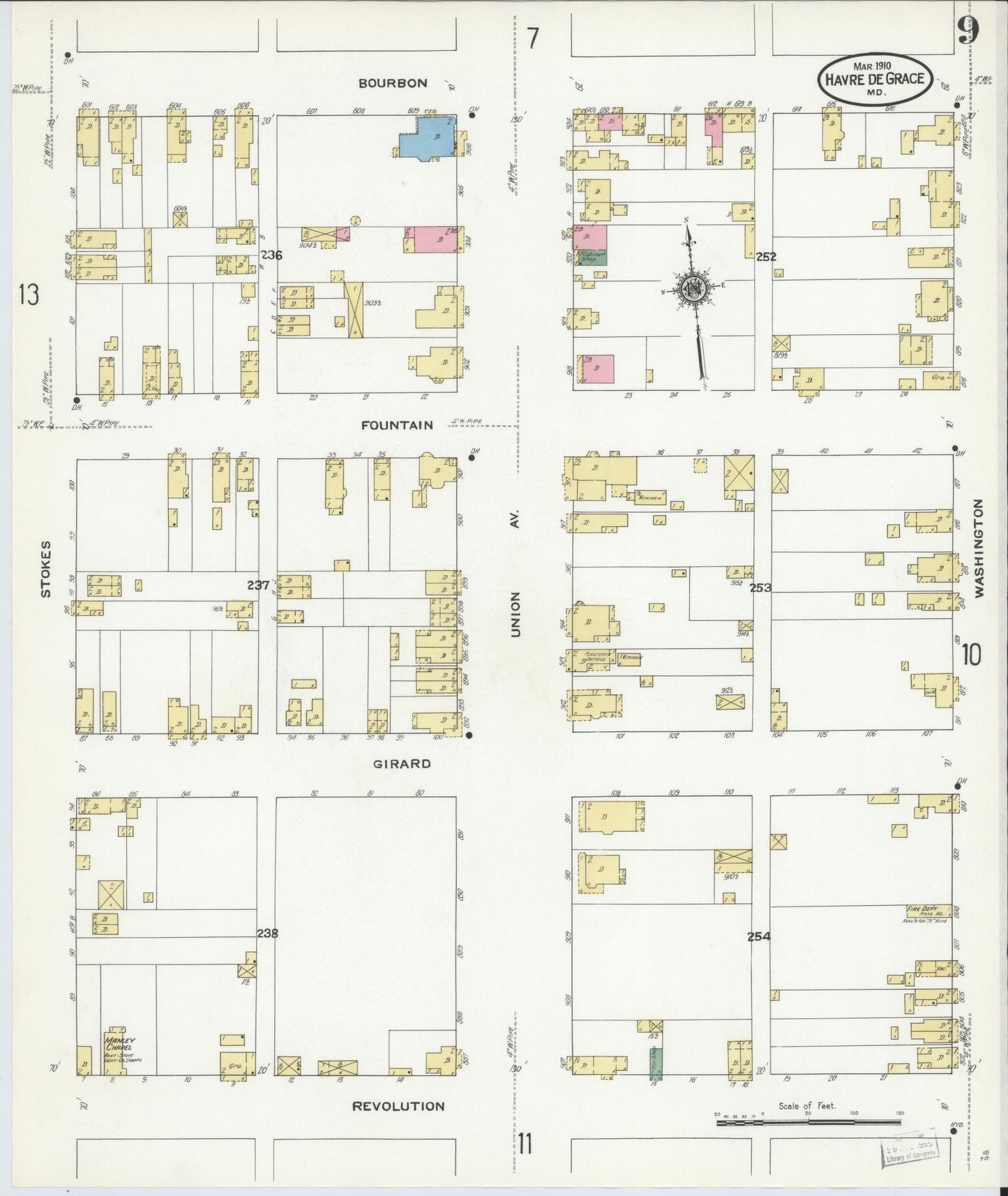 Sanborn Fire Insurance Map from Havre De Grace, Harford County, Maryland (1910), Sheet #0009 - Historic Sanborn Fire Insurance Map Print, vintage old map wall art
