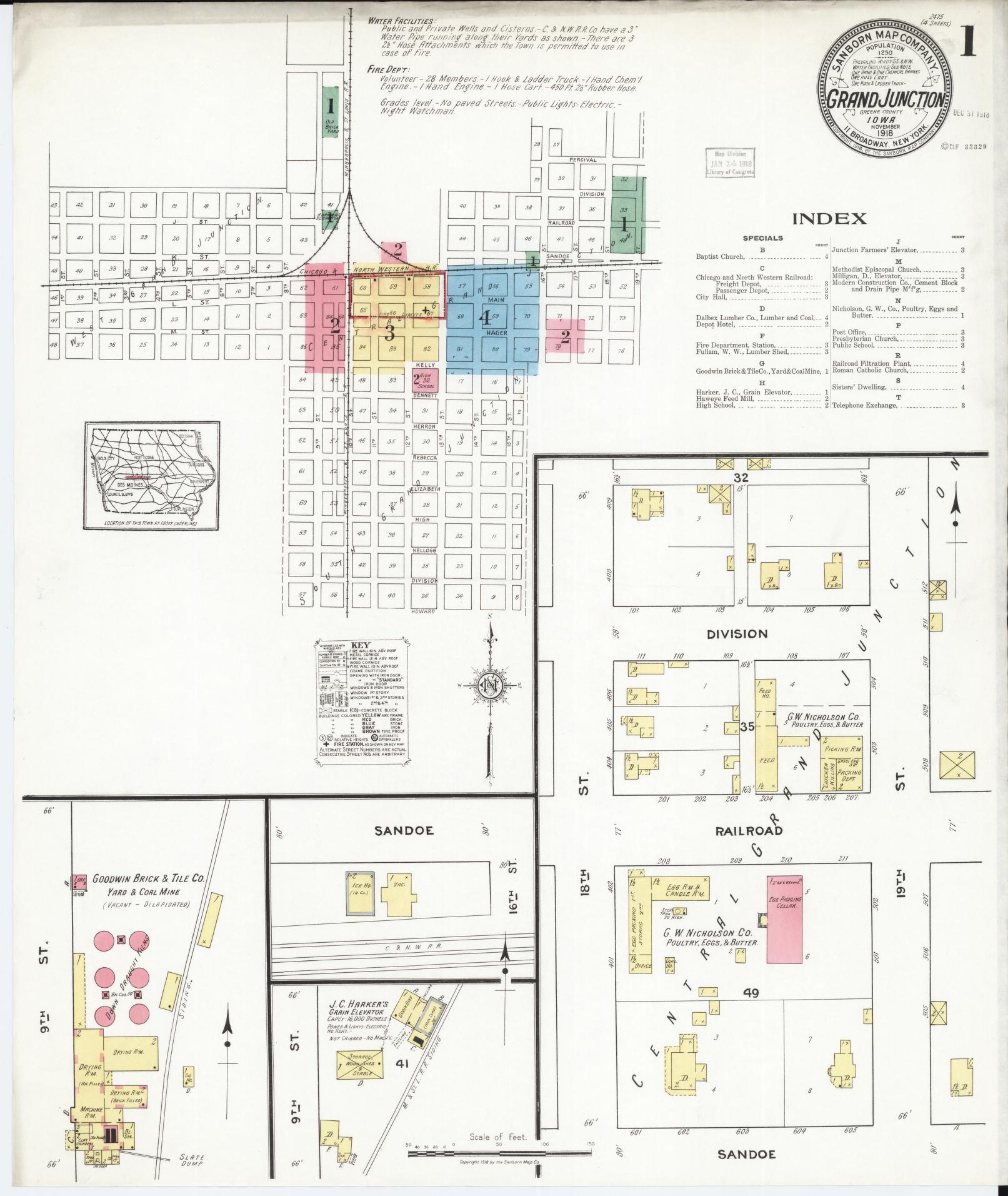 Sanborn Fire Insurance Map from Grand Junction, Greene County, Iowa (1918), Sheet #0001 - Historic Sanborn Fire Insurance Map Print, vintage old map wall art
