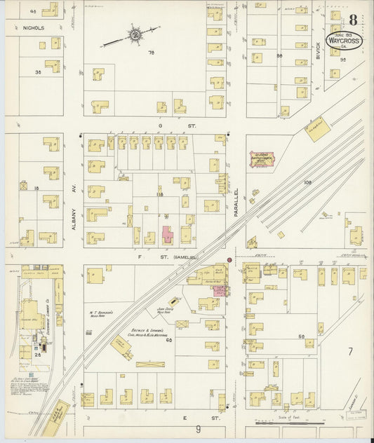 Sanborn Fire Insurance Map from Waycross, Ware County, Georgia (1913), Sheet #0008 - Historic Sanborn Fire Insurance Map Print, vintage old map wall art, antique decor, genealogy gift, Georgia Georgia map
