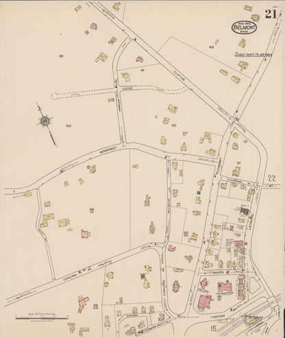 Sanborn Fire Insurance Map from Belmont, Middlesex County, Massachusetts (1922), Sheet #0021 - Historic Sanborn Fire Insurance Map Print, vintage old map wall art, antique decor, genealogy gift, Massachusetts Massachusetts map