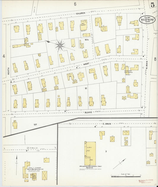 Sanborn Fire Insurance Map from Westboro, Worcester County, Massachusetts (1904), Sheet #0005 - Historic Sanborn Fire Insurance Map Print, vintage old map wall art, antique decor, genealogy gift, Massachusetts Massachusetts map