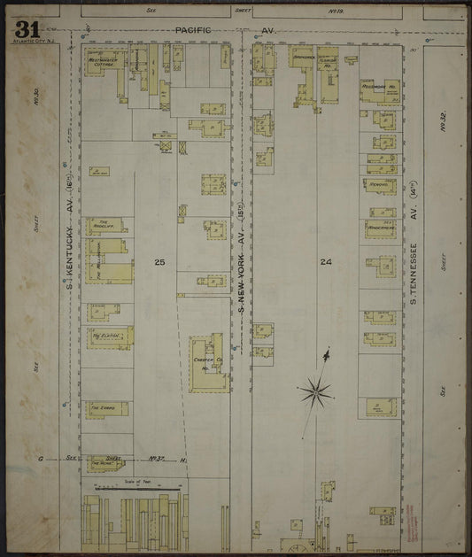 Sanborn Fire Insurance Map from Atlantic City, Atlantic County, New Jersey (1886), Sheet #0031 - Historic Sanborn Fire Insurance Map Print, vintage old map wall art, antique decor, genealogy gift, New Jersey New Jersey map
