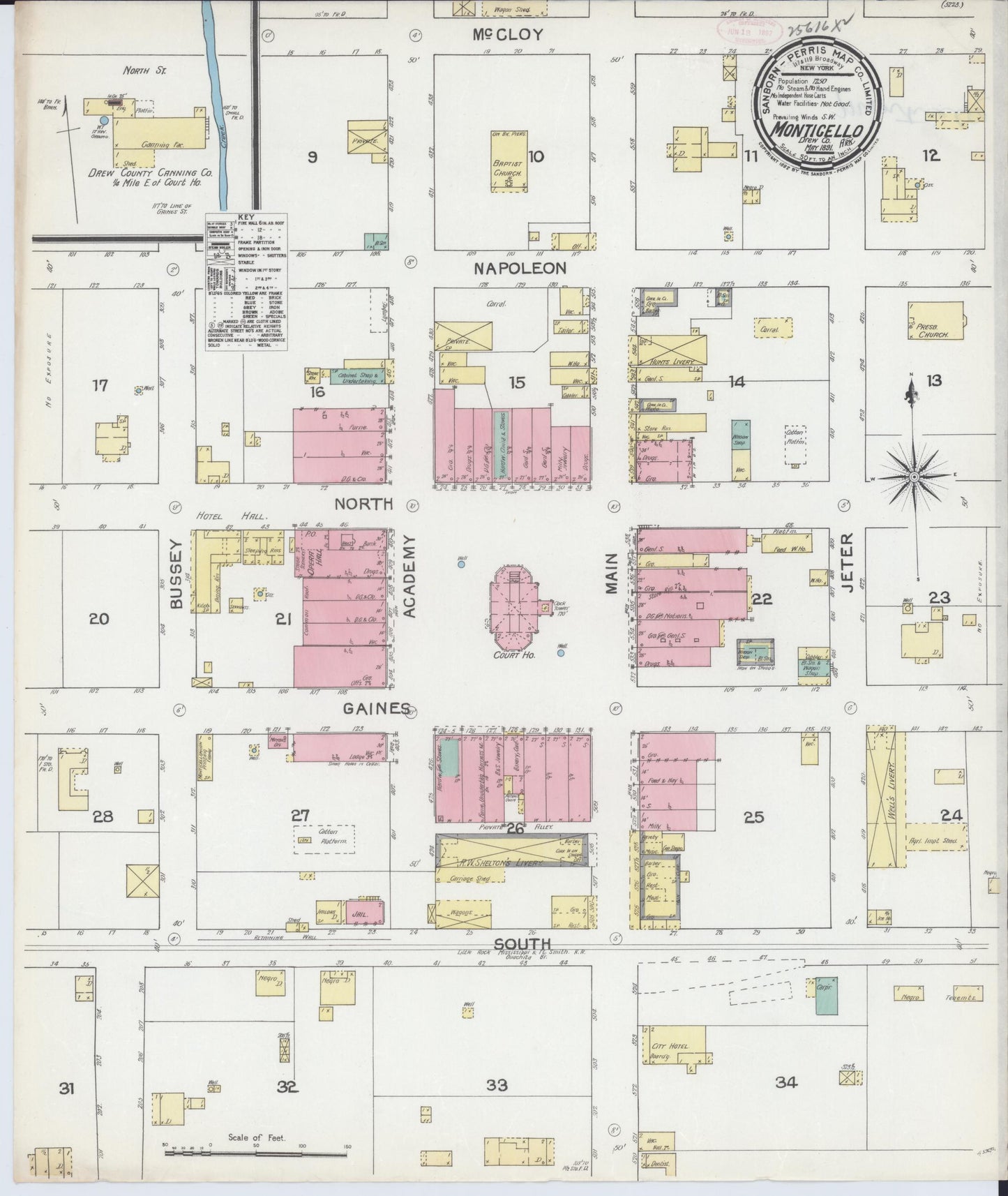 Sanborn Fire Insurance Map from Monticello, Drew County, Arkansas (1891), Sheet #0001 - Historic Sanborn Fire Insurance Map Print, vintage old map wall art, antique decor, genealogy gift, Arkansas Arkansas map