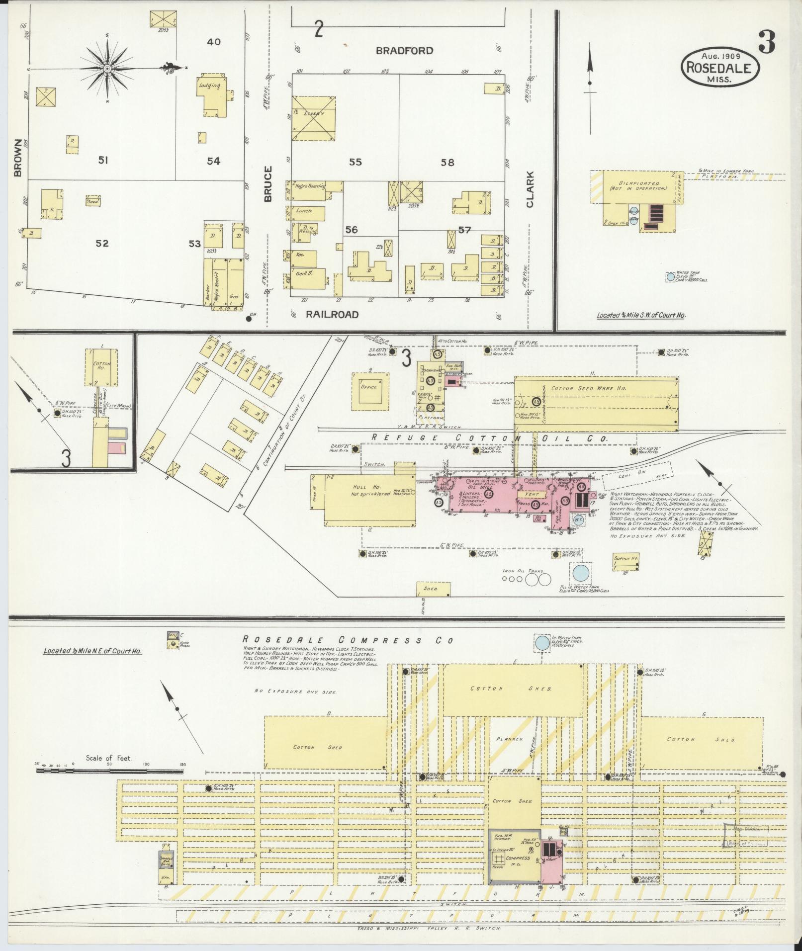 Sanborn Fire Insurance Map from Rosedale, Bolivar County, Mississippi (1909), Sheet #0003 - Historic Sanborn Fire Insurance Map Print, vintage old map wall art, antique decor, genealogy gift, Mississippi Mississippi map