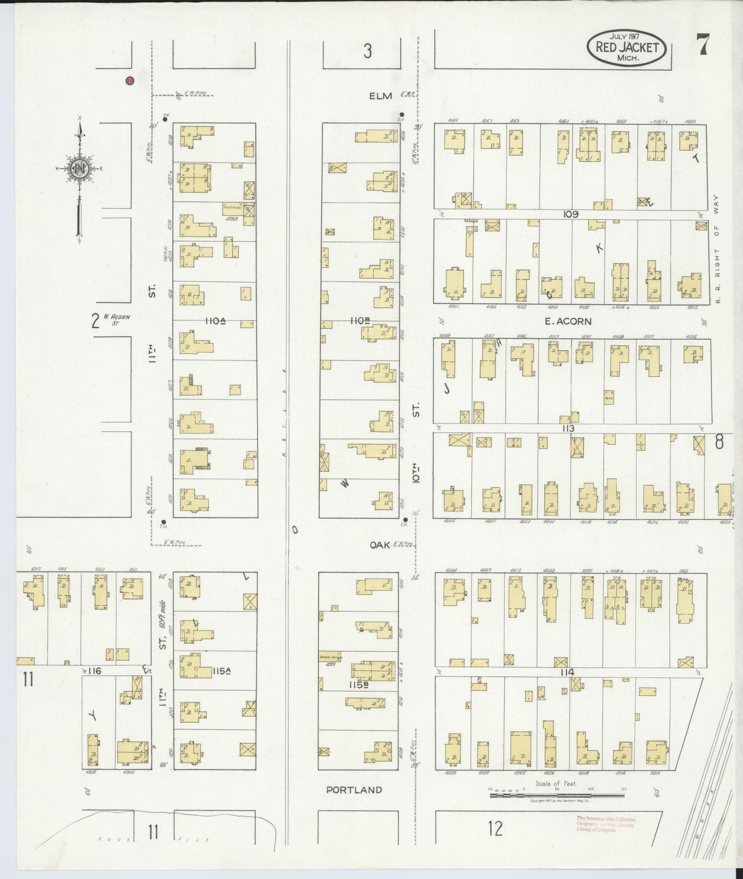 Sanborn Fire Insurance Map from Red Jacket, Houghton County, Michigan (1917), Sheet #0007 - Complete Map Set gallery image, historic Sanborn map, vintage wall art, Michigan Michigan