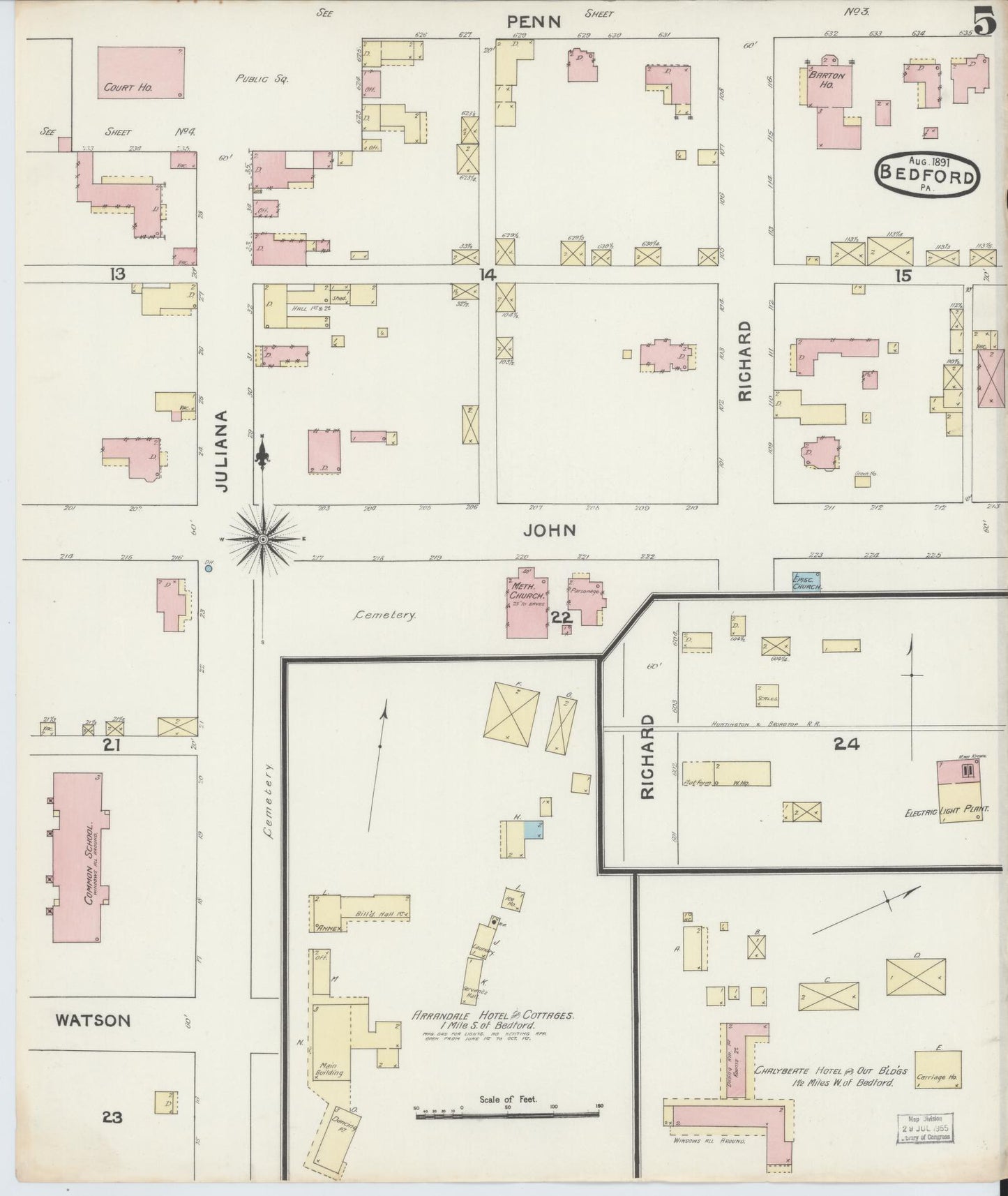 Sanborn Fire Insurance Map from Bedford, Bedford County, Pennsylvania (1891), Sheet #0005 - Historic Sanborn Fire Insurance Map Print, vintage old map wall art, antique decor, genealogy gift, Pennsylvania Pennsylvania map