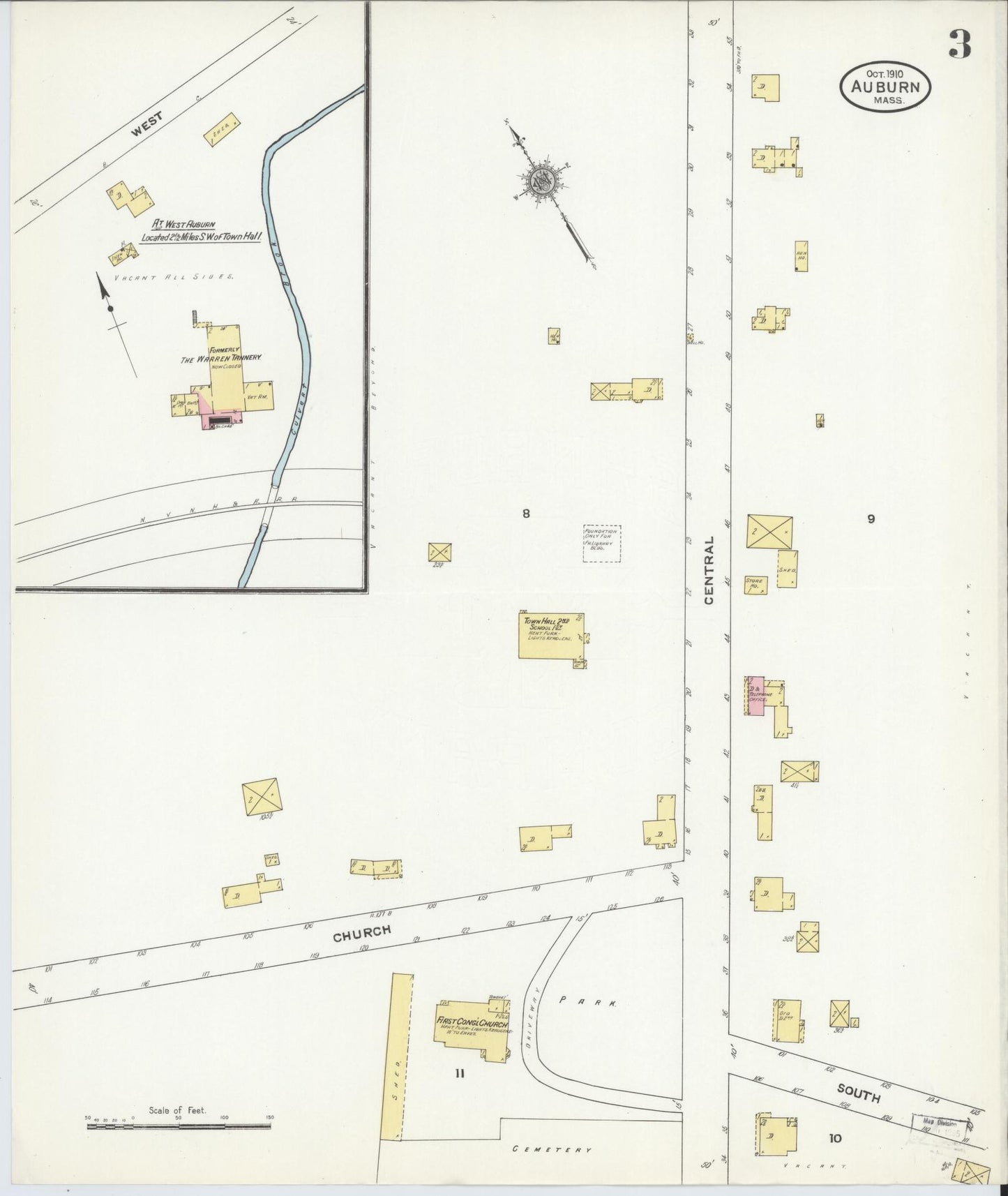 Sanborn Fire Insurance Map from Auburn, Worcester County, Massachusetts (1910), Sheet #0003 - Historic Sanborn Fire Insurance Map Print, vintage old map wall art, antique decor, genealogy gift, Massachusetts Massachusetts map