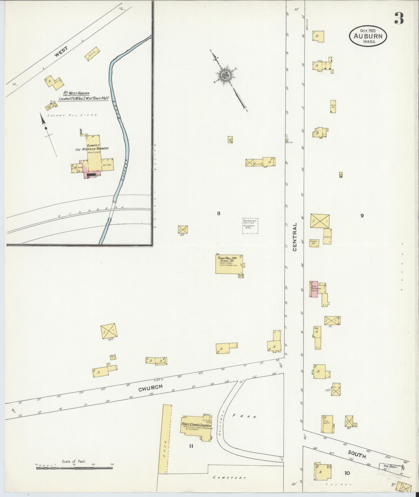 Sanborn Fire Insurance Map from Auburn, Worcester County, Massachusetts (1910), Sheet #0003 - Historic Sanborn Fire Insurance Map Print, vintage old map wall art, antique decor, genealogy gift, Massachusetts Massachusetts map