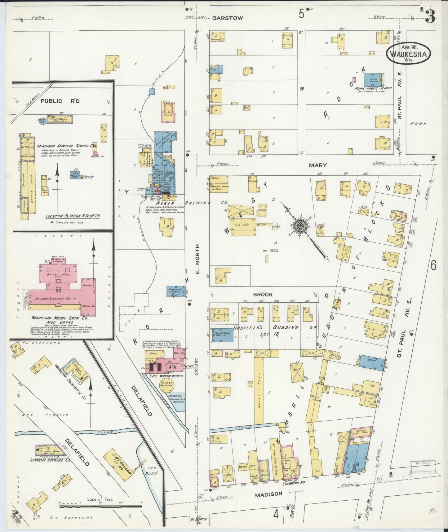 Sanborn Fire Insurance Map from Waukesha, Waukesha County, Wisconsin (1911), Sheet #0003 - Complete Map Set gallery image, historic Sanborn map, vintage wall art, Wisconsin Wisconsin