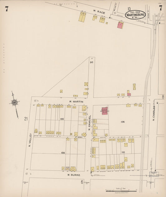 Sanborn Fire Insurance Map from Martinsburg, Berkeley County, West Virginia (1922), Sheet #0007 - Historic Sanborn Fire Insurance Map Print, vintage old map wall art, antique decor, genealogy gift, West Virginia West Virginia map