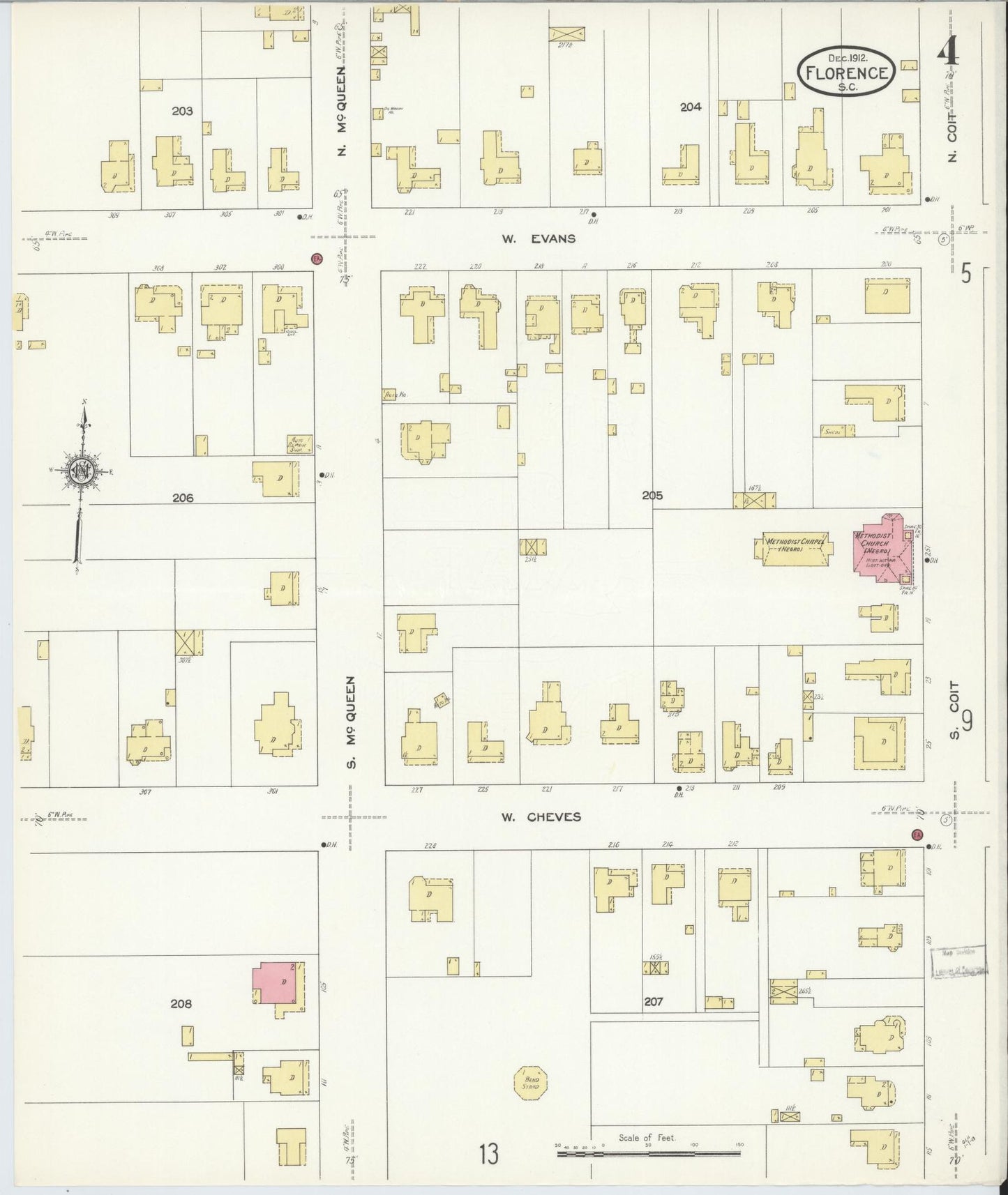 Sanborn Fire Insurance Map from Florence, Florence County, South Carolina (1912), Sheet #0004 - Complete Map Set gallery image, historic Sanborn map, vintage wall art, South Carolina South Carolina
