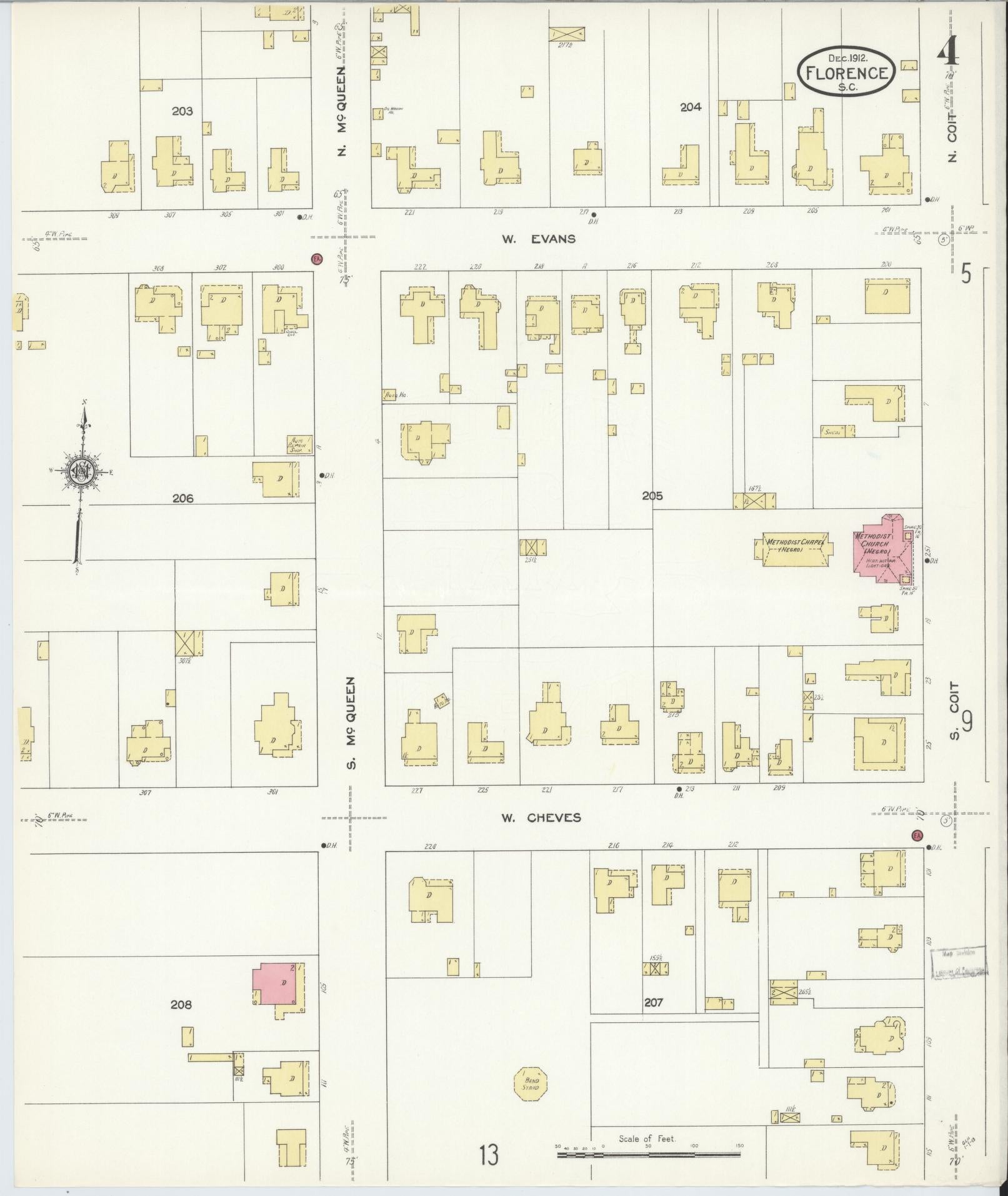 Sanborn Fire Insurance Map from Florence, Florence County, South Carolina (1912), Sheet #0004 - Complete Map Set gallery image, historic Sanborn map, vintage wall art, South Carolina South Carolina