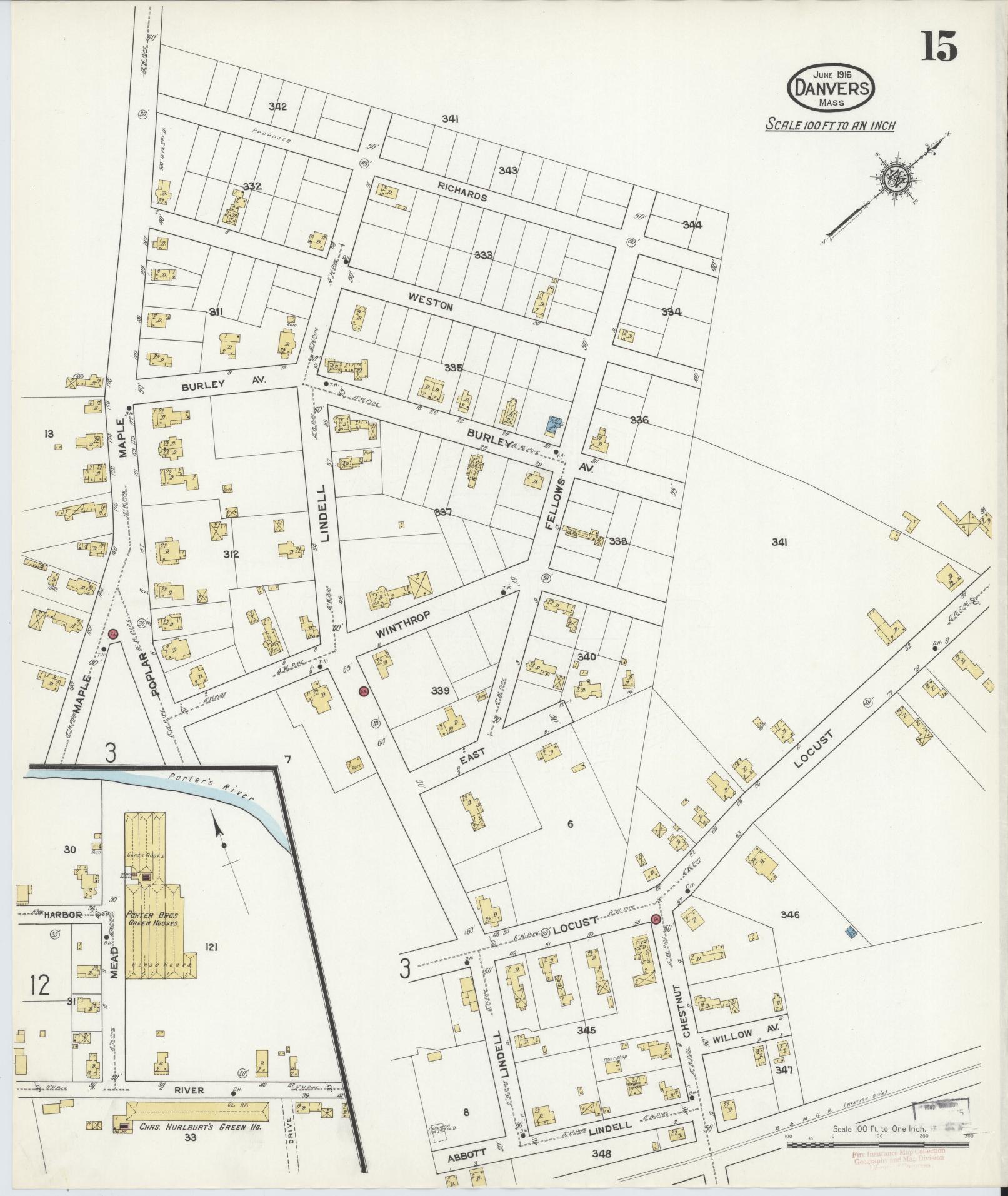 Sanborn Fire Insurance Map from Danvers, Essex County, Massachusetts (1916), Sheet #0015 - Complete Map Set gallery image, historic Sanborn map, vintage wall art, Massachusetts Massachusetts