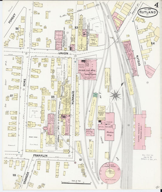 Sanborn Fire Insurance Map from Rutland, Rutland County, Vermont (1890), Sheet #0004 - Historic Sanborn Fire Insurance Map Print, vintage old map wall art, antique decor, genealogy gift, Vermont Vermont map