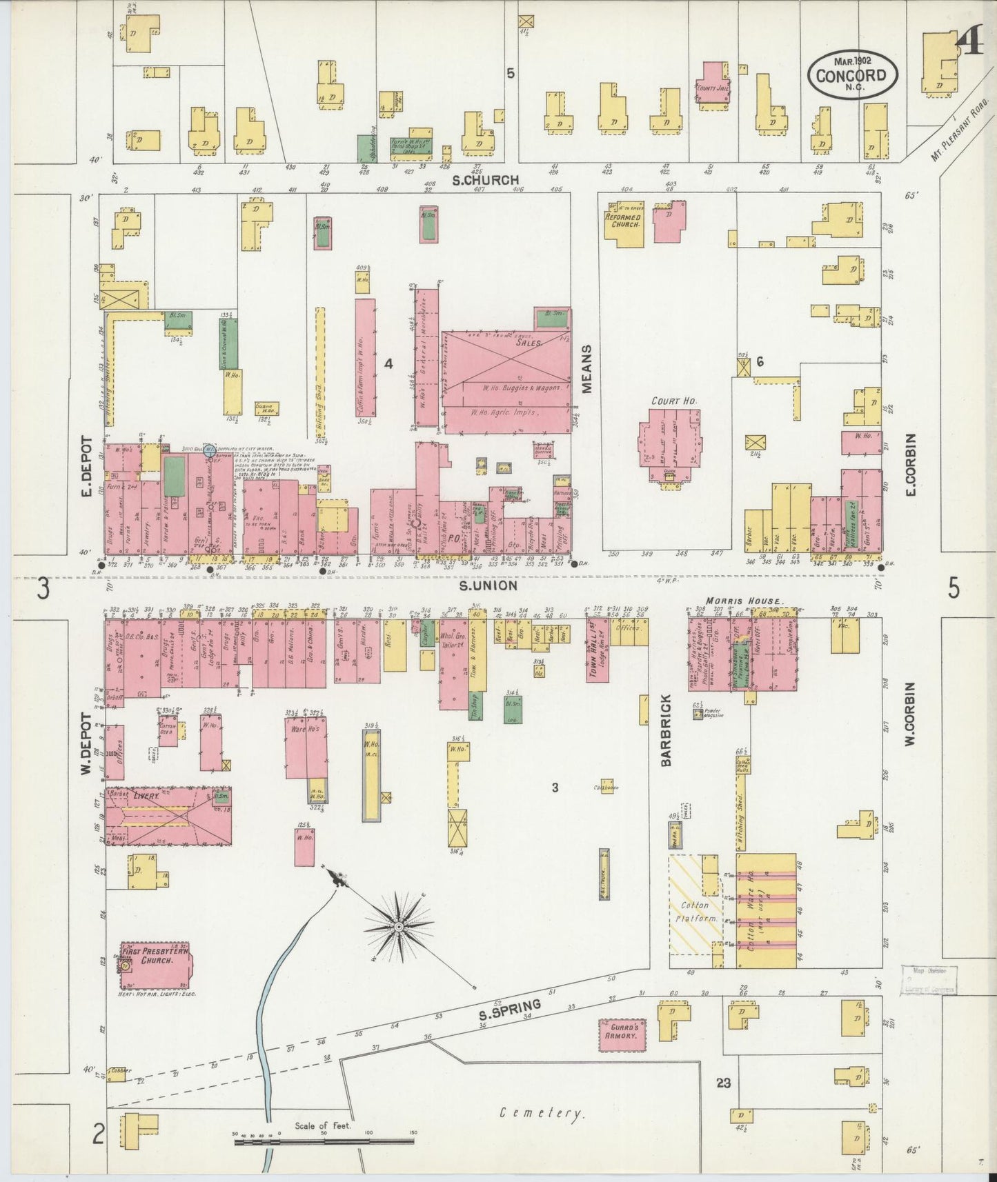 Sanborn Fire Insurance Map from Concord, Cabarrus County, North Carolina (1902), Sheet #0004 - Complete Map Set gallery image, historic Sanborn map, vintage wall art, North Carolina North Carolina