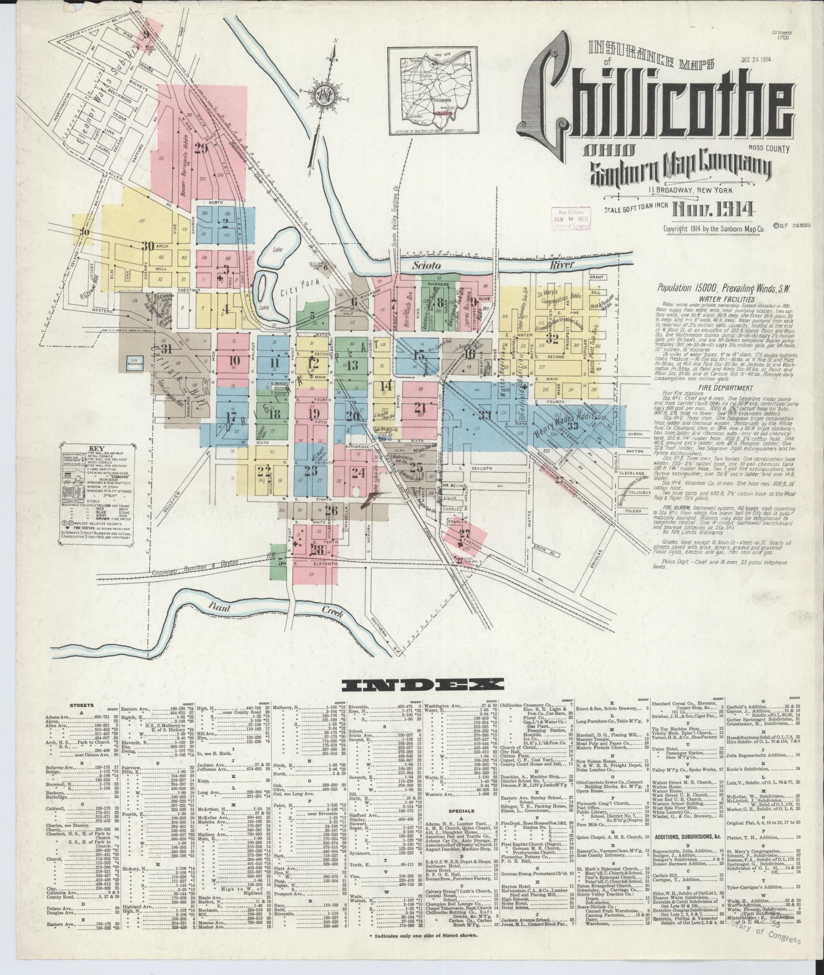 Sanborn Fire Insurance Map from Chillicothe, Ross County, Ohio (1914), Sheet #0001 - Historic Sanborn Fire Insurance Map Print, vintage old map wall art, antique decor, genealogy gift, Ohio Ohio map