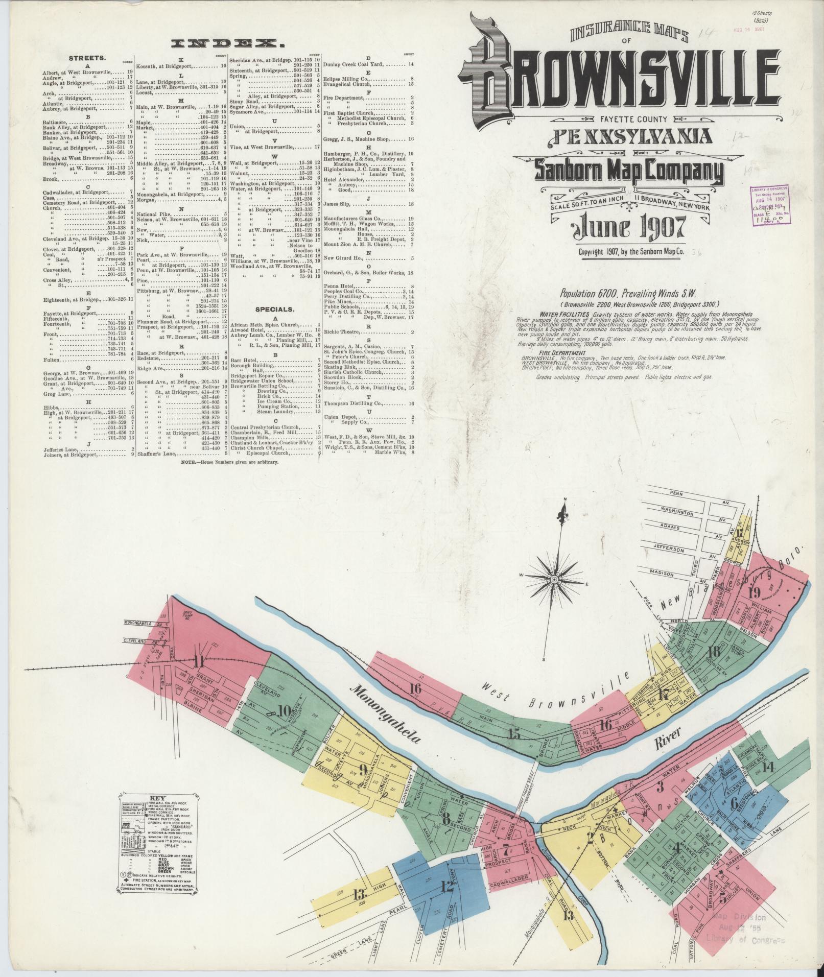 Sanborn Fire Insurance Map from Brownsville, Fayette County, Pennsylvania (1907), Sheet #0001 - Historic Sanborn Fire Insurance Map Print, vintage old map wall art, antique decor, genealogy gift, Pennsylvania Pennsylvania map