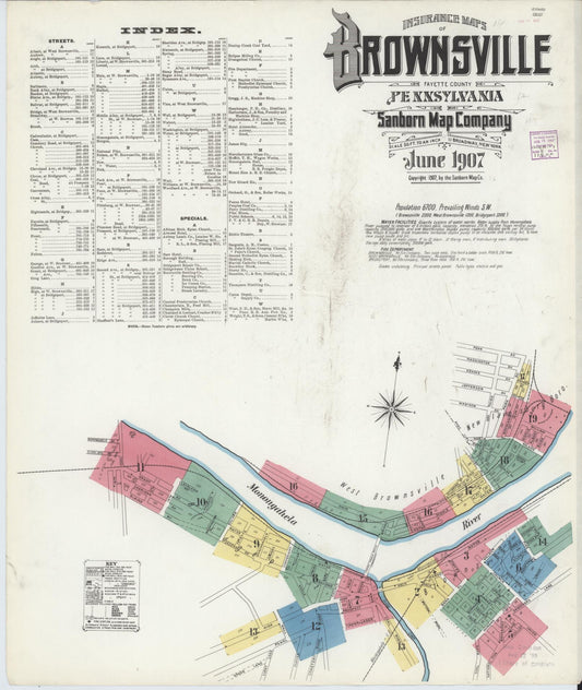 Sanborn Fire Insurance Map from Brownsville, Fayette County, Pennsylvania (1907), Sheet #0001 - Historic Sanborn Fire Insurance Map Print, vintage old map wall art, antique decor, genealogy gift, Pennsylvania Pennsylvania map