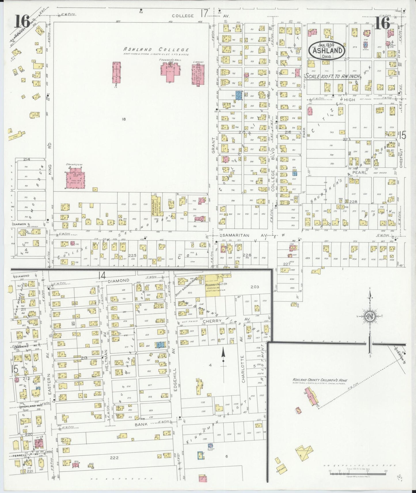 Sanborn Fire Insurance Map from Ashland, Ashland County, Ohio (1930), Sheet #0016 - Historic Sanborn Fire Insurance Map Print, vintage old map wall art, antique decor, genealogy gift, Ohio Ohio map
