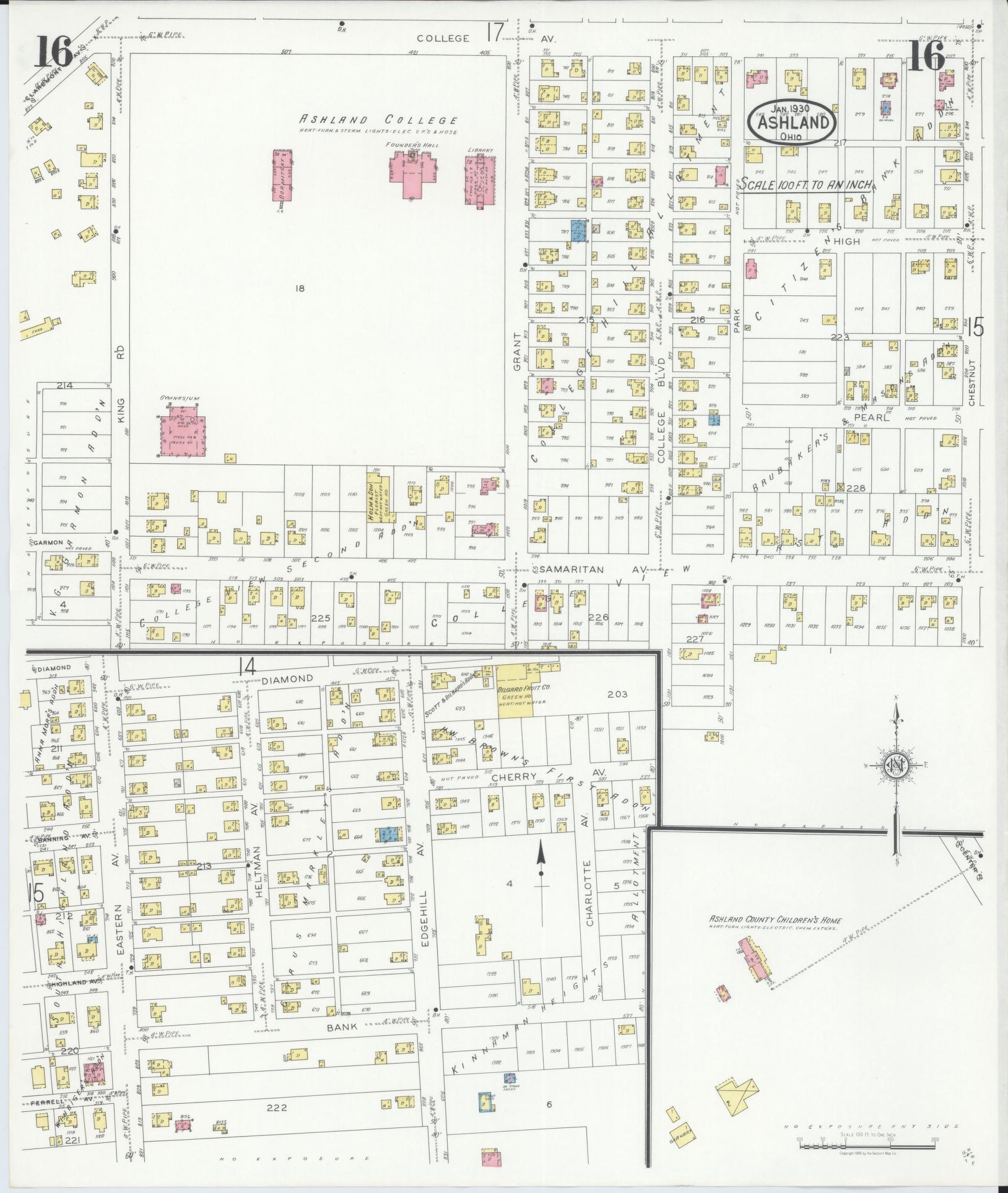 Sanborn Fire Insurance Map from Ashland, Ashland County, Ohio (1930), Sheet #0016 - Historic Sanborn Fire Insurance Map Print, vintage old map wall art, antique decor, genealogy gift, Ohio Ohio map