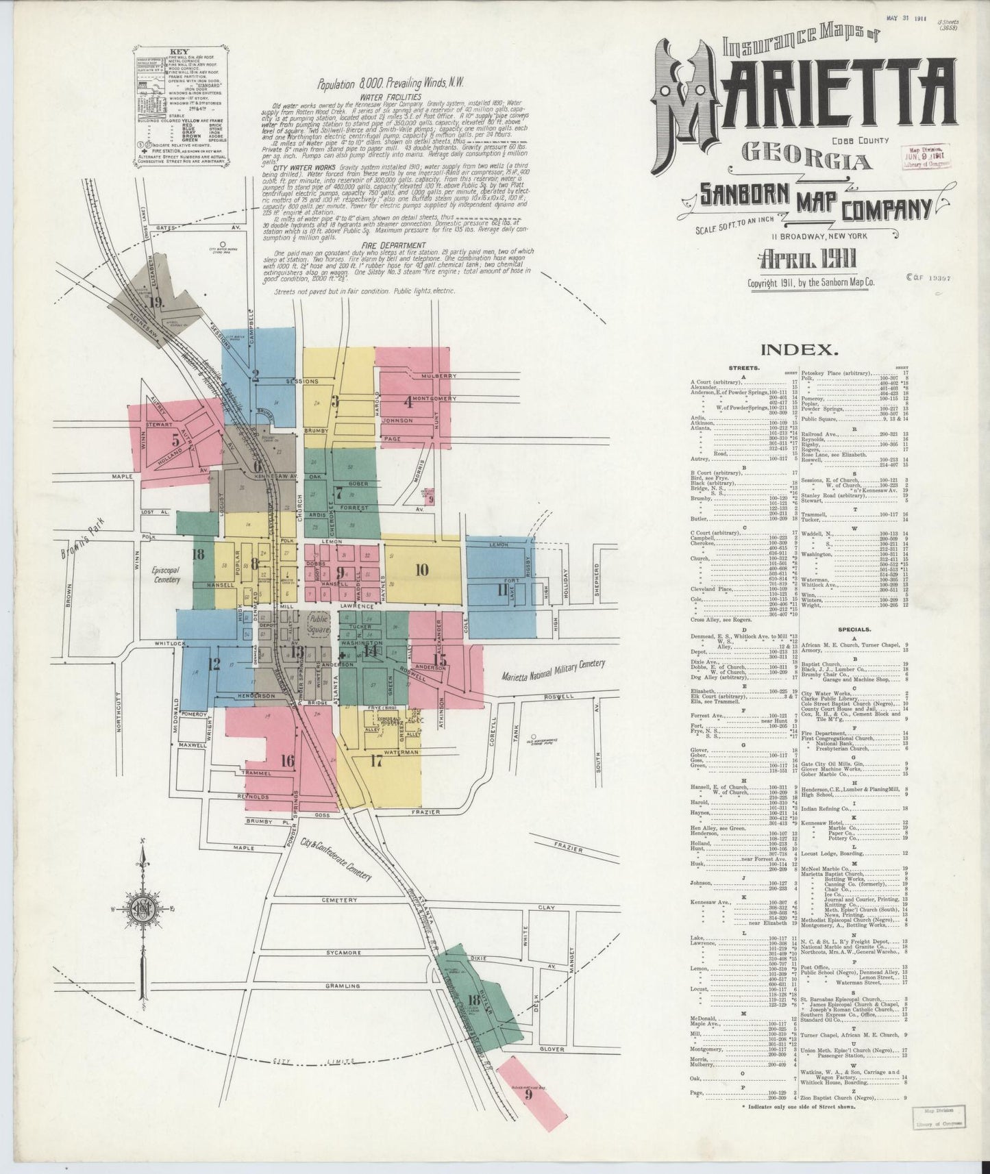 Sanborn Fire Insurance Map from Marietta, Cobb County, Georgia (1911), Sheet #0001 - Complete Map Set gallery image, historic Sanborn map, vintage wall art, Georgia Georgia