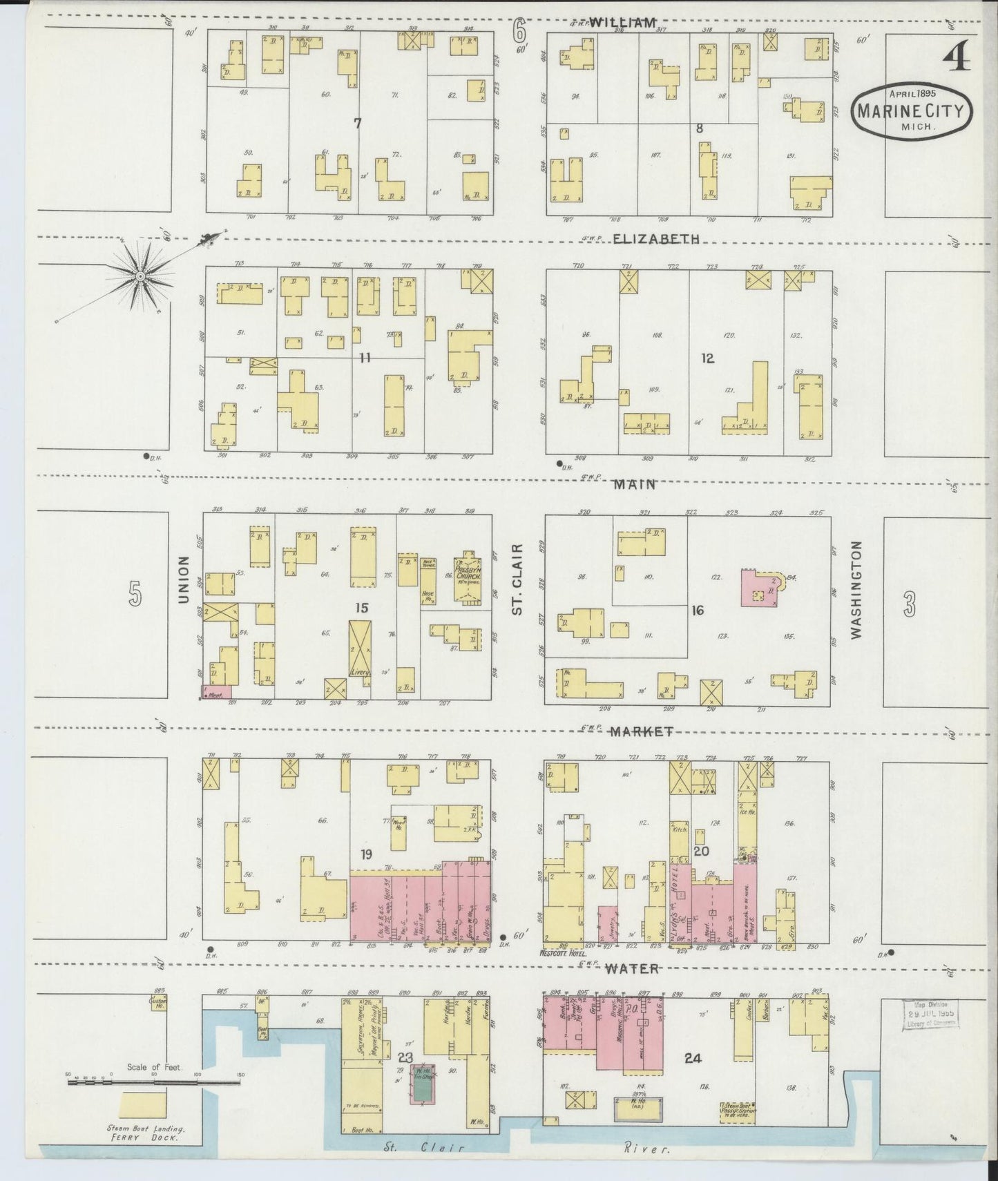 Sanborn Fire Insurance Map from Marine City, Saint Clair County, Michigan (1895), Sheet #0004 - Complete Map Set gallery image, historic Sanborn map, vintage wall art, Michigan Michigan