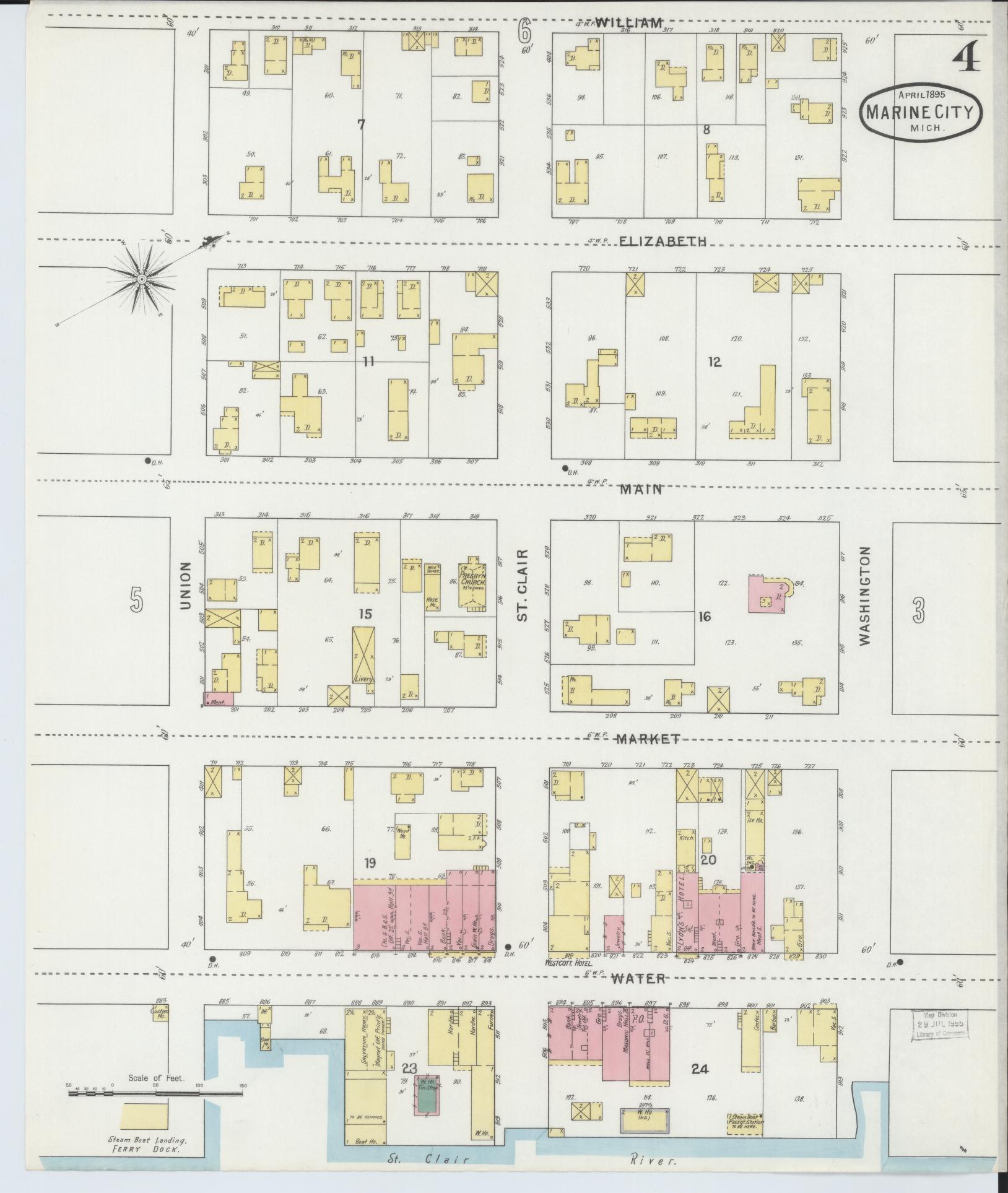 Sanborn Fire Insurance Map from Marine City, Saint Clair County, Michigan (1895), Sheet #0004 - Complete Map Set gallery image, historic Sanborn map, vintage wall art, Michigan Michigan